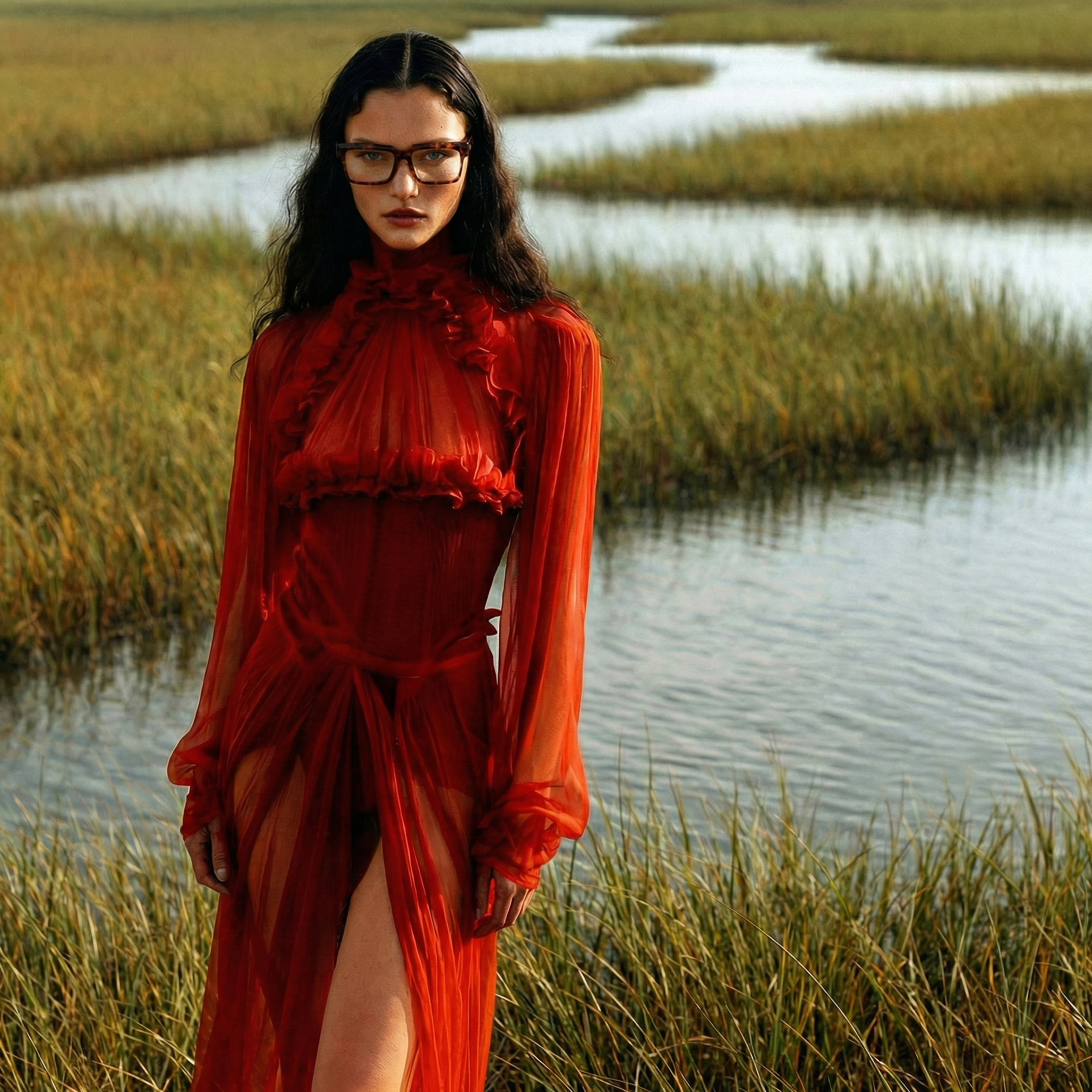 A woman in a sheer red dress standing in a marsh with water and tall grass, looking directly at the camera.
