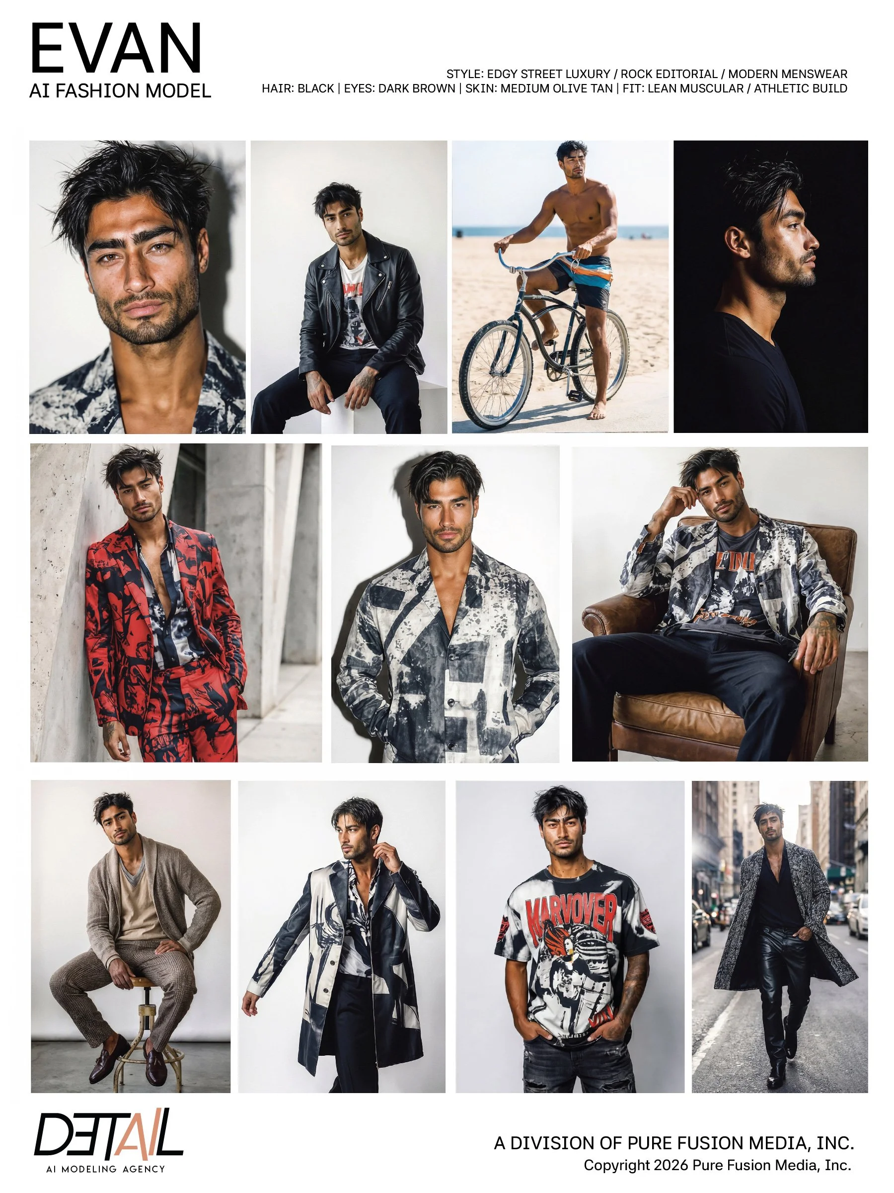 Collage of male fashion models in various outfits and settings, including studio portraits and outdoor scenes, showcasing edgy street luxury clothing.