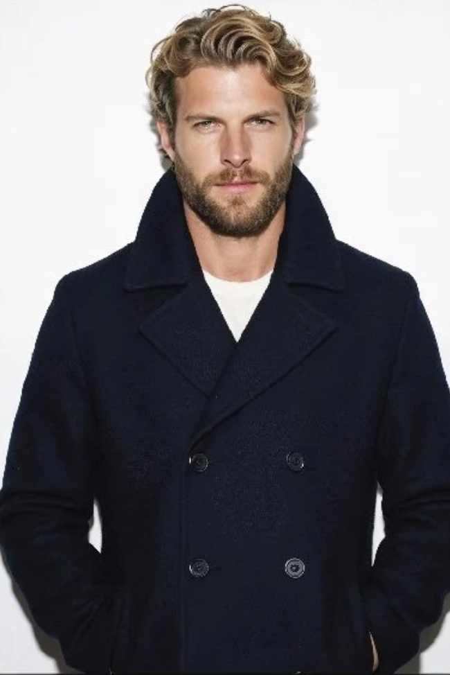 A man with blonde curly hair and a beard wearing a dark navy coat over a white shirt, posing against a plain white background.