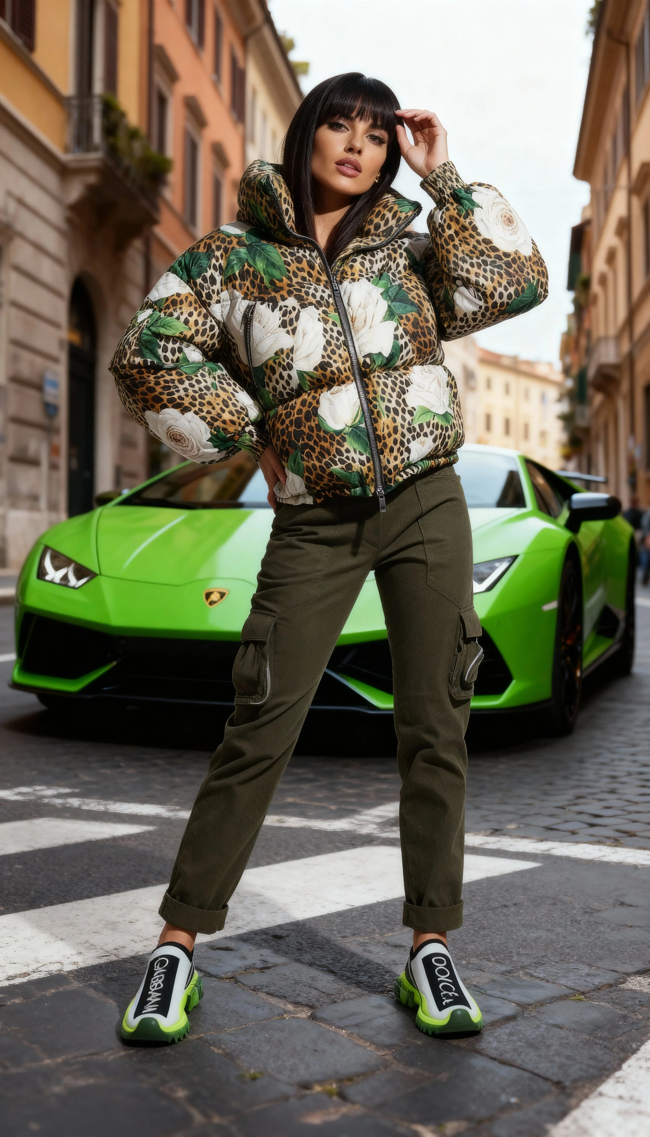 A woman in a floral leopard print jacket, cargo pants, and sneakers standing in front of a bright green Lamborghini sports car on a city street with historic buildings.