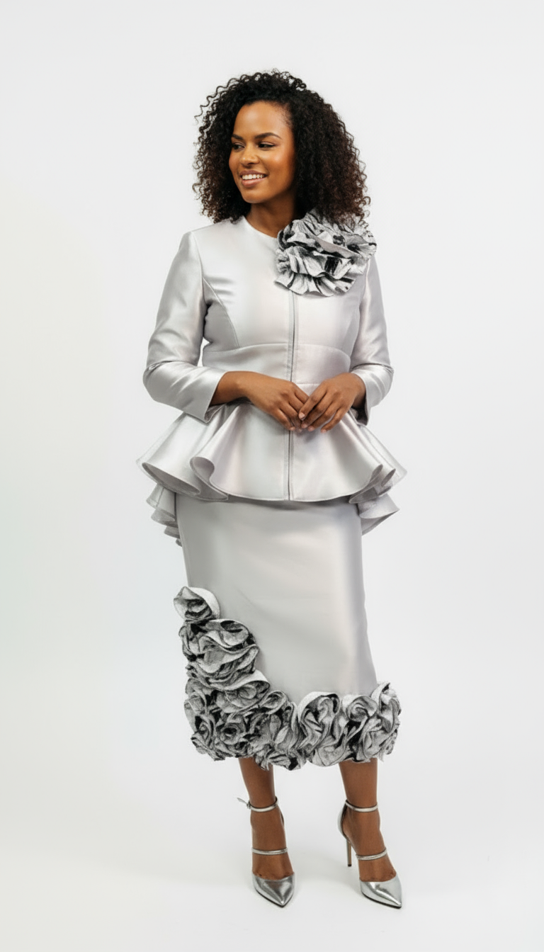 Woman wearing a silver dress with ruffle details and metallic heels, standing against a plain white background.