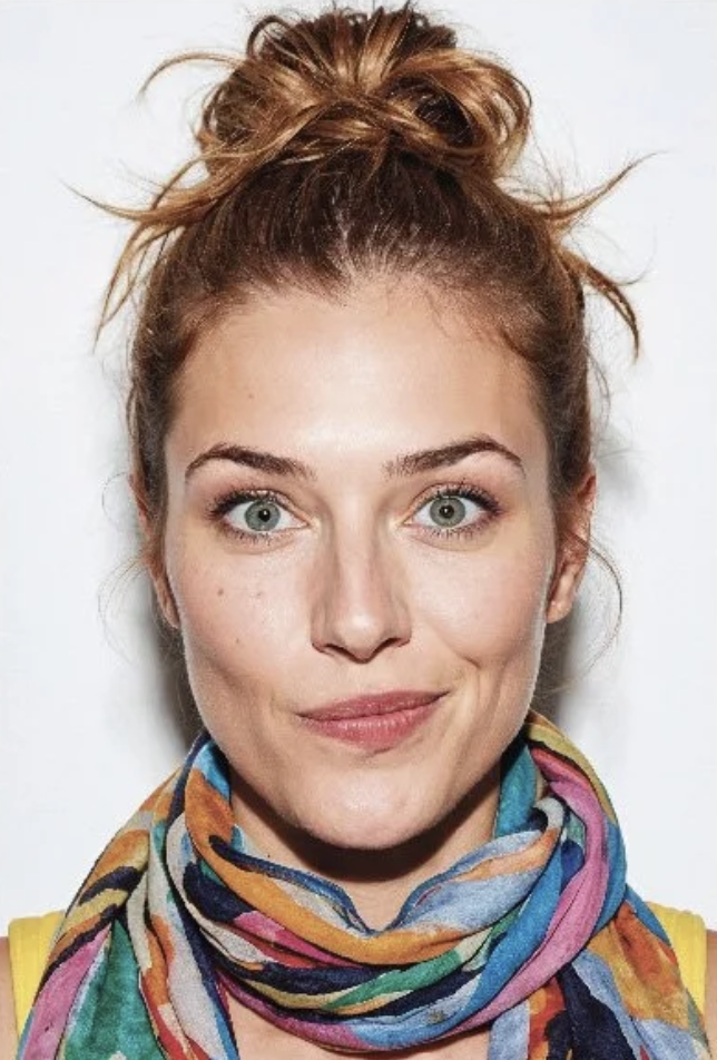 Close-up of a young woman with red hair in a messy bun, blue eyes, and fair skin, wearing a colorful patterned scarf around her neck.