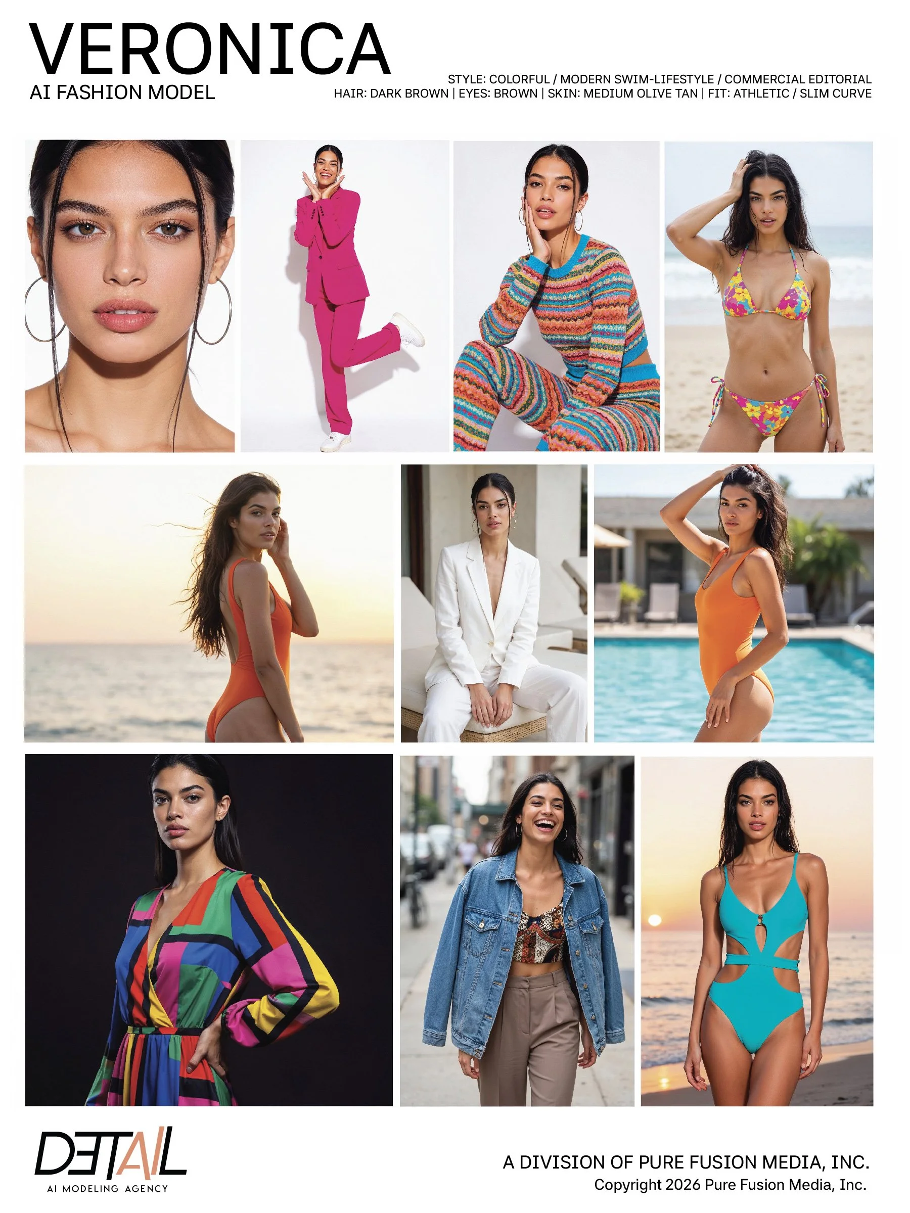 Collage of photos featuring a young woman named Veronica, showcasing her in various outfits and settings including beachwear, casual clothes, and professional attire, with a focus on her dark brown hair, brown eyes, and medium olive tan skin.