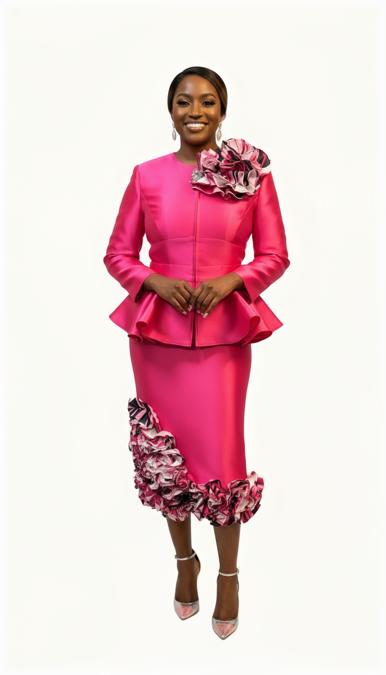 A woman in a vibrant pink dress with floral ruffles on the shoulder and lower skirt, standing against a plain white background.