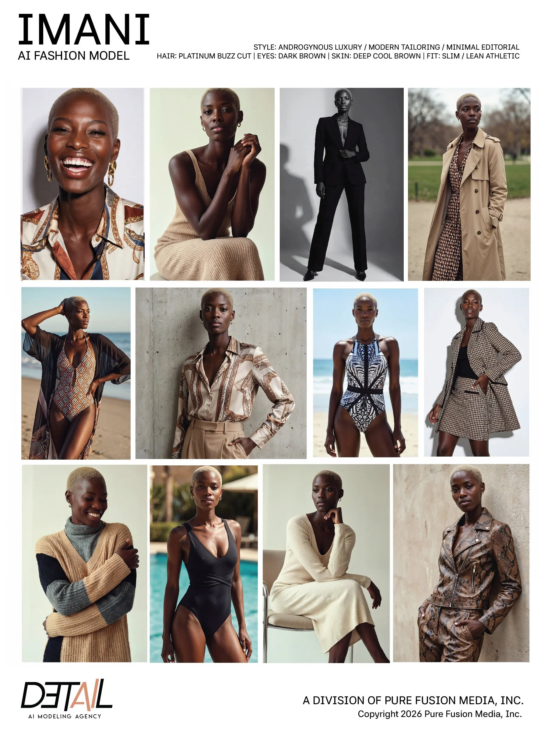 Collage of various photos of a dark brown skinned woman modeling fashion outfits, both casual and formal, in outdoor and indoor settings.