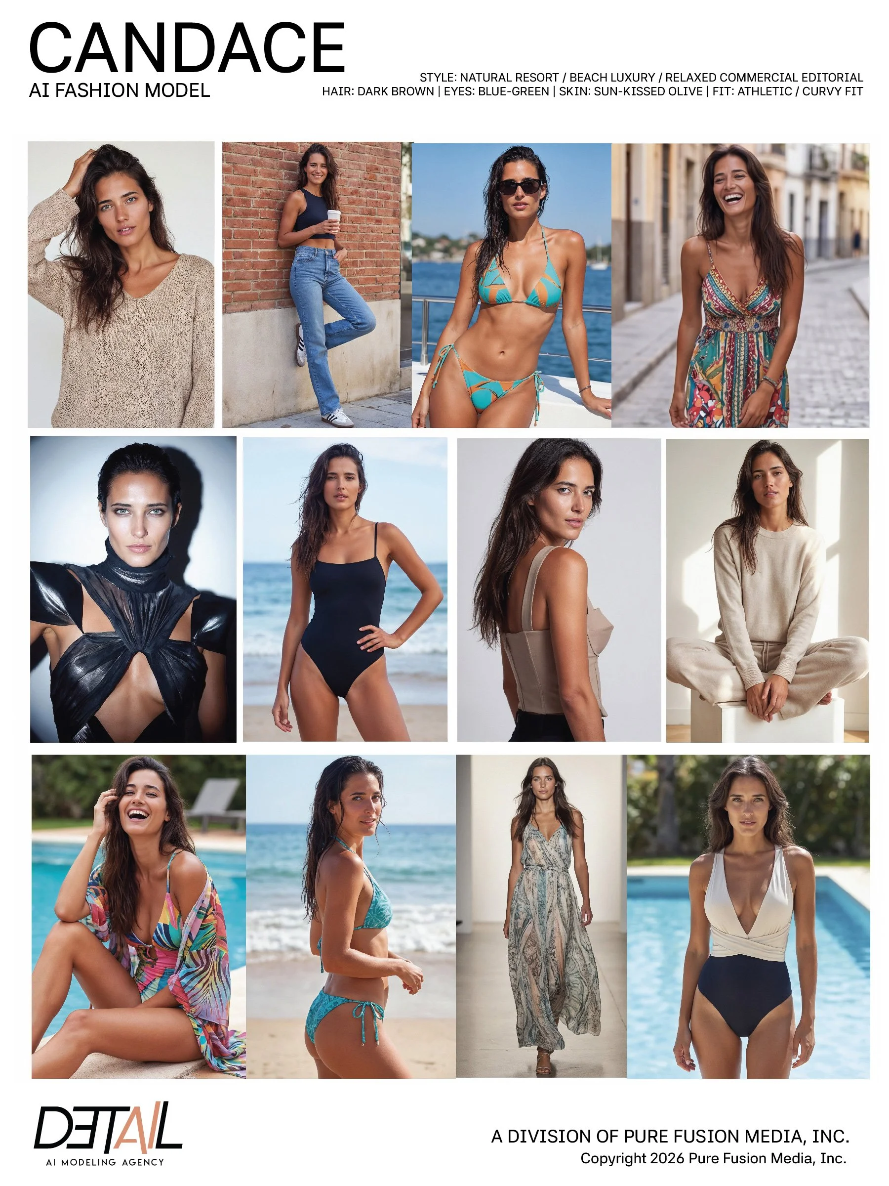 Collage of six photographs of a female AI fashion model with dark brown hair, blue-green eyes, sun-kissed olive skin, in various outfits and settings including beachwear, casual clothing, and formal attire.