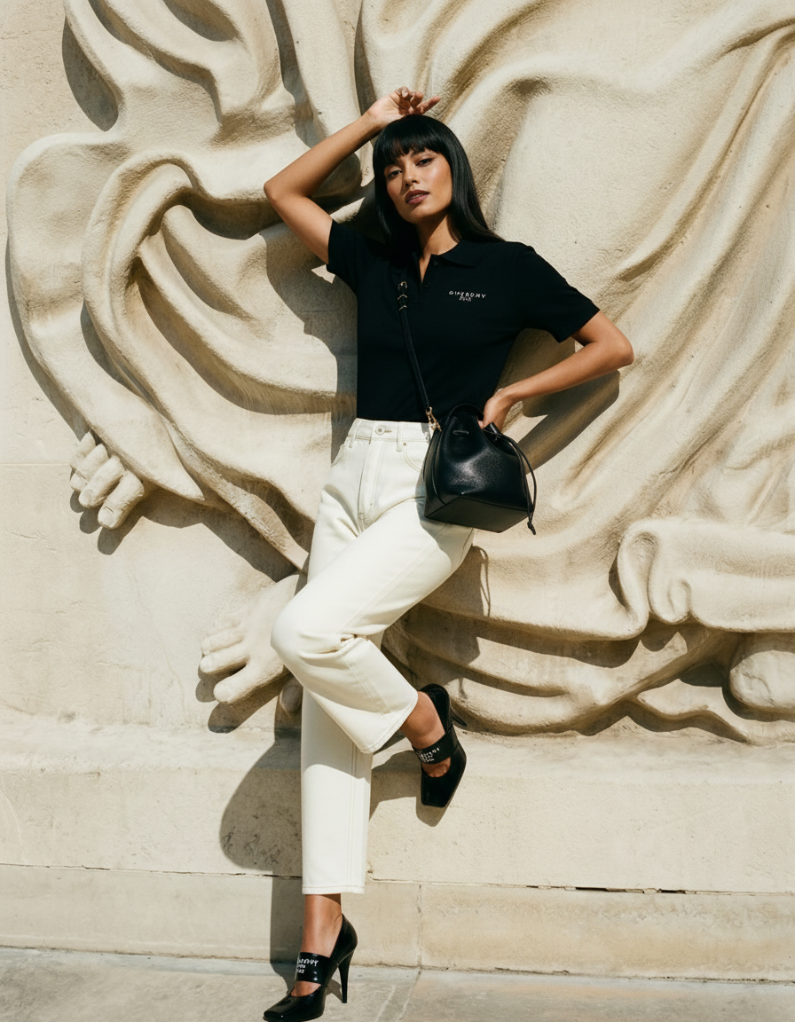 Fashionably dressed woman with black hair and bangs posing against a carved stone wall.