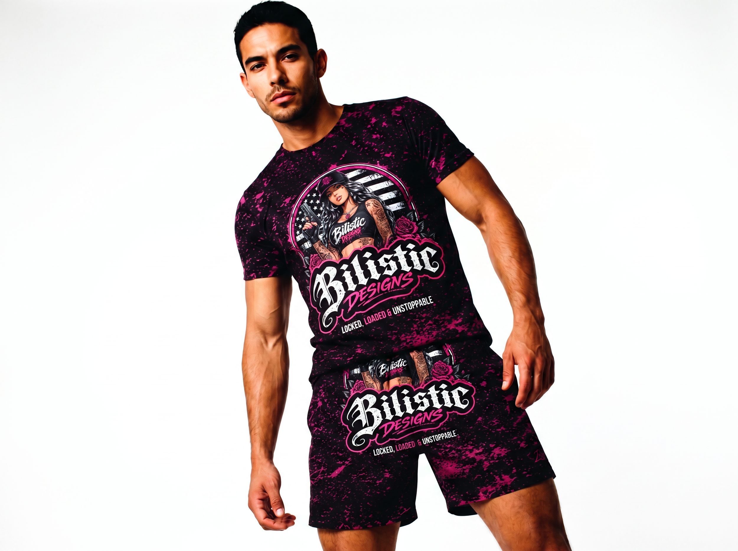 A young man with dark hair, wearing a black and pink graphic t-shirt and matching shorts, standing against a plain white background.