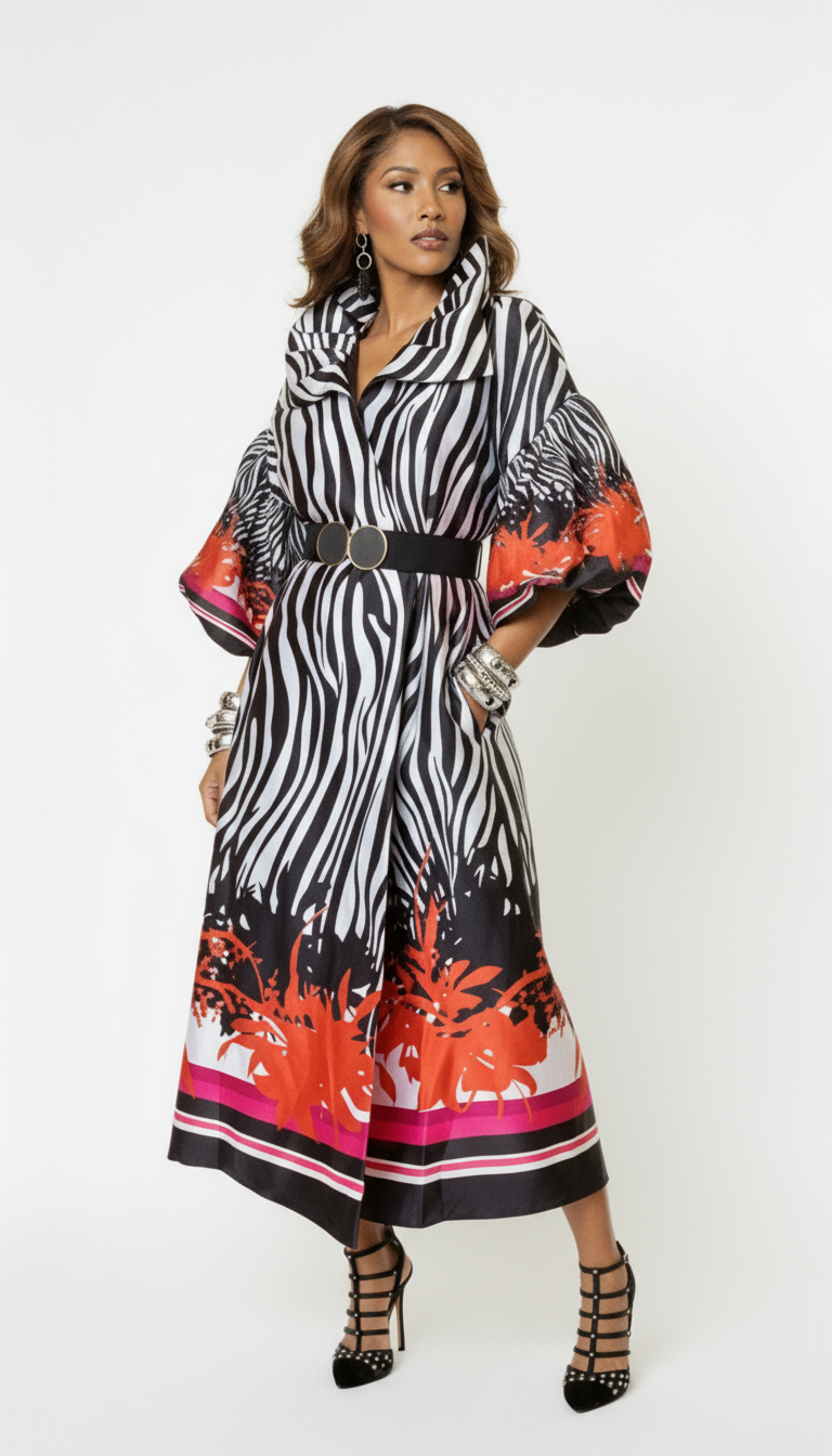 A woman with medium-length wavy hair wearing a black and white zebra-patterned coat with bold colorful floral and stripe accents, accessorized with large earrings, multiple bracelets, and high-heeled strappy shoes, standing against a plain white background.