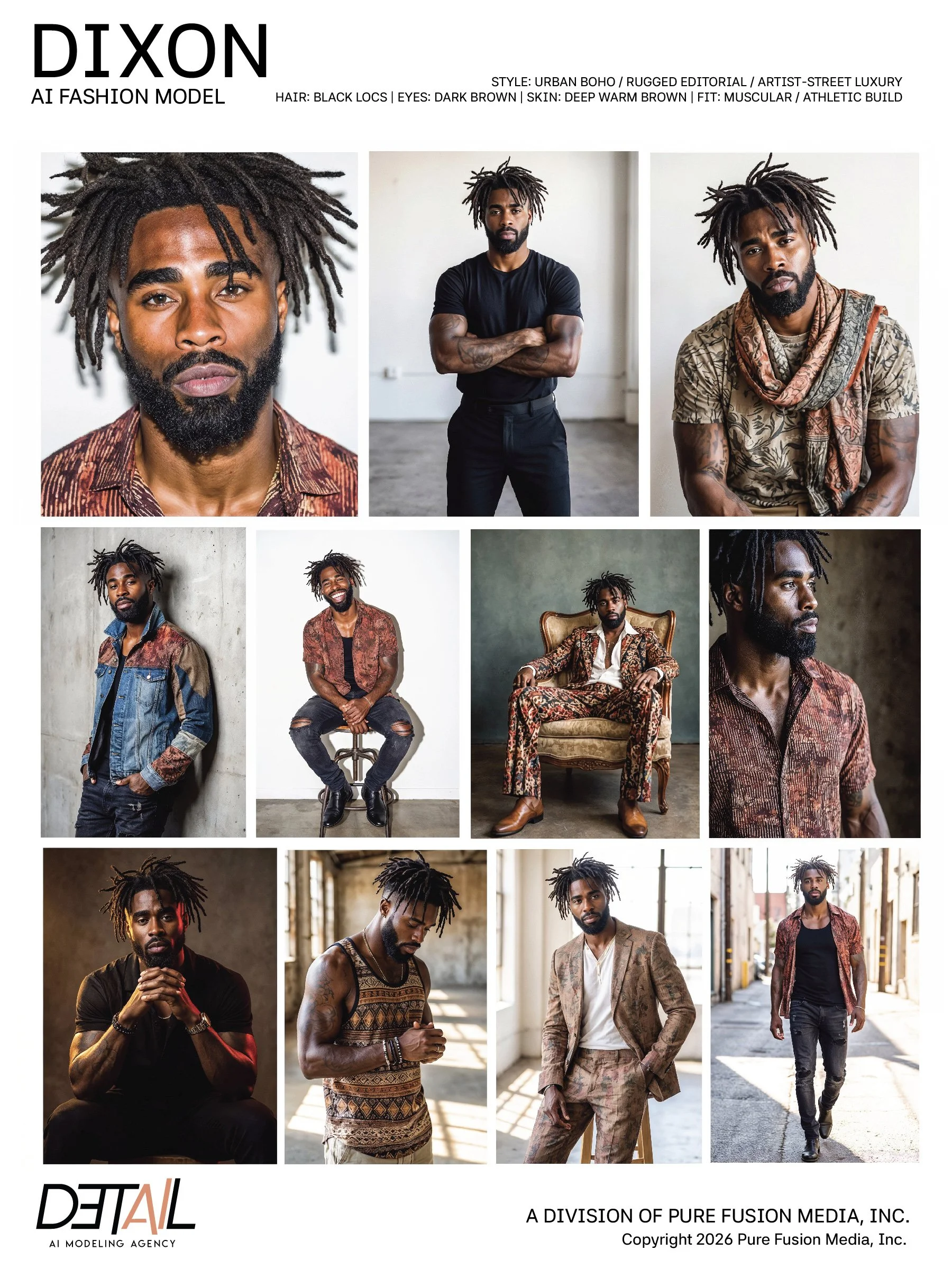 Collage of fashion model Dixon in various poses, showcasing streetwear and casual outfits with tattoos and dreadlocks, in an industrial setting.