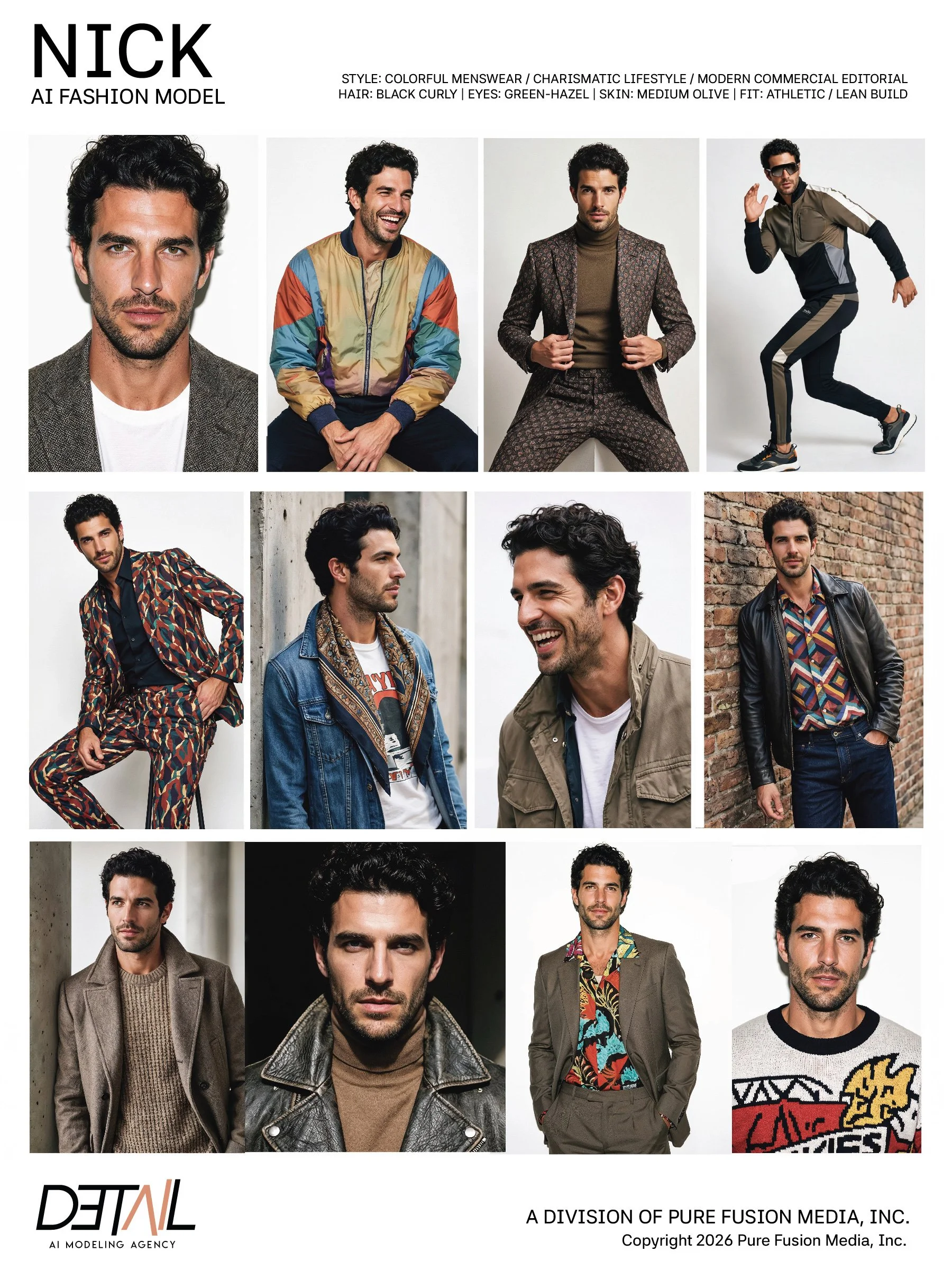 Collage of male models in various stylish outfits, including tailored suits, casual sportswear, vintage patterns, and a graphic sweater. Text indicates the model's name as Nick, an AI fashion model, with style details and branding for Deep AI Modeling Agency and Pure Fusion Media.