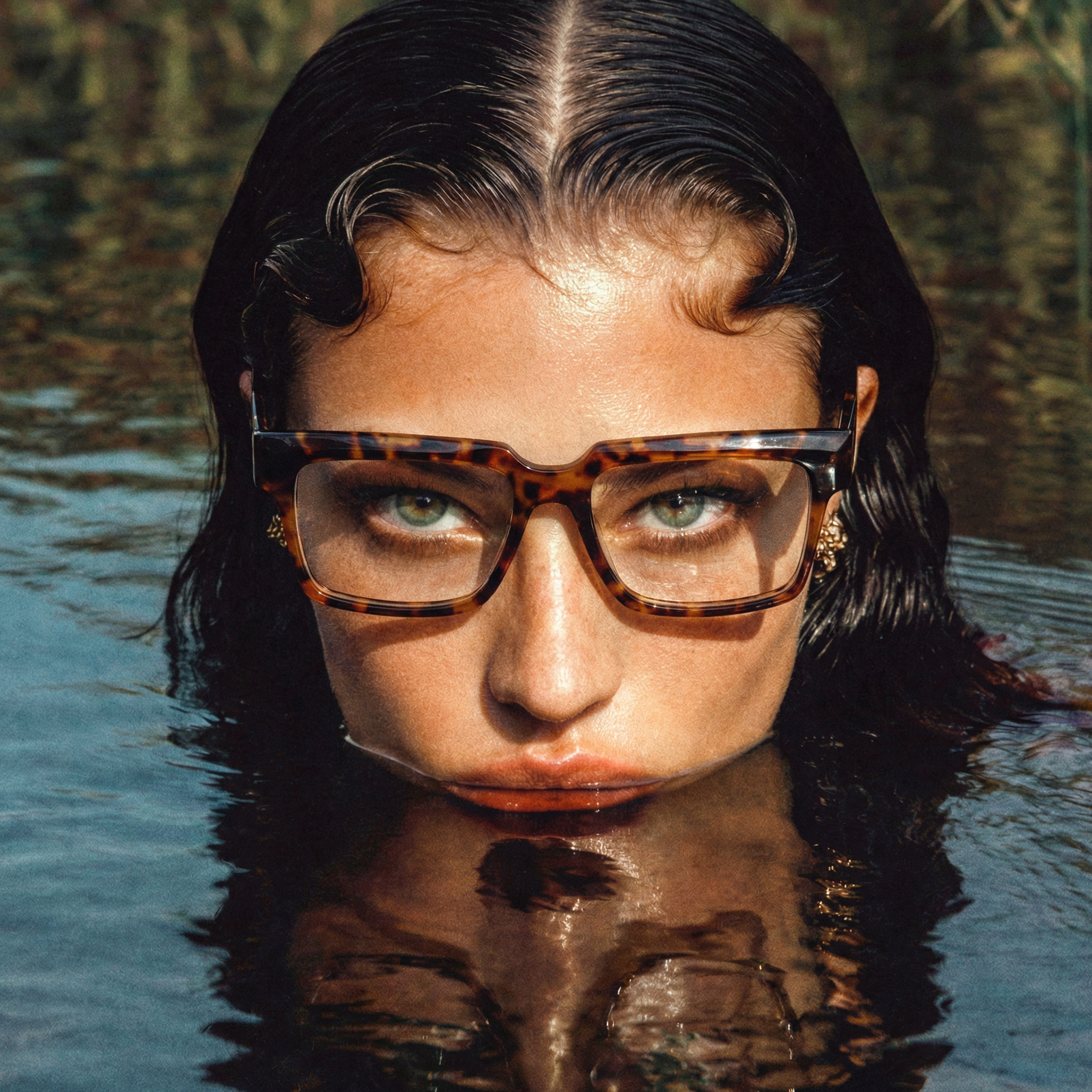 Close-up of a woman's face with wet black hair and tortoise-shaped sunglasses, reflected in water.