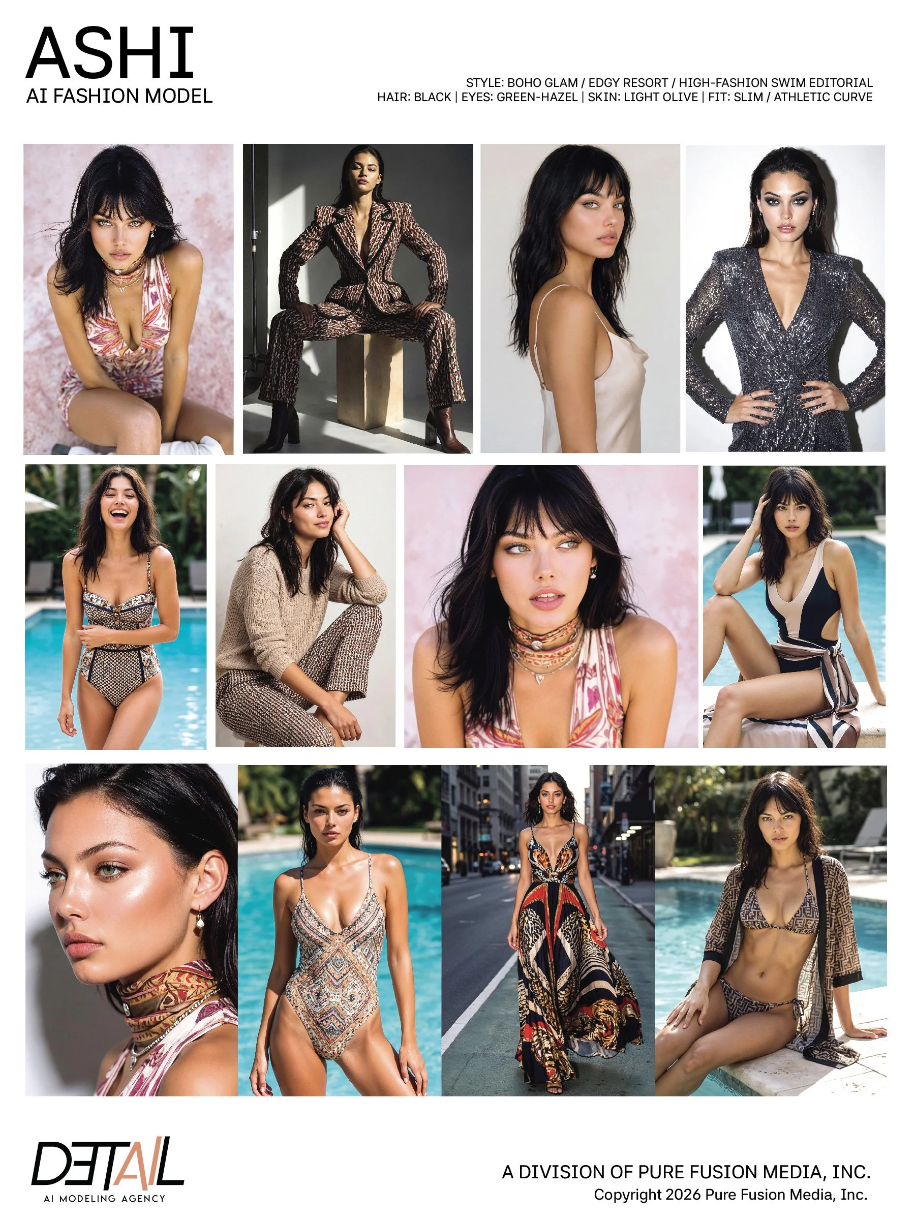 A collage featuring fashion models, including some posing outdoors by a pool and others in studio settings, showcasing diverse swimwear and stylish outfits.