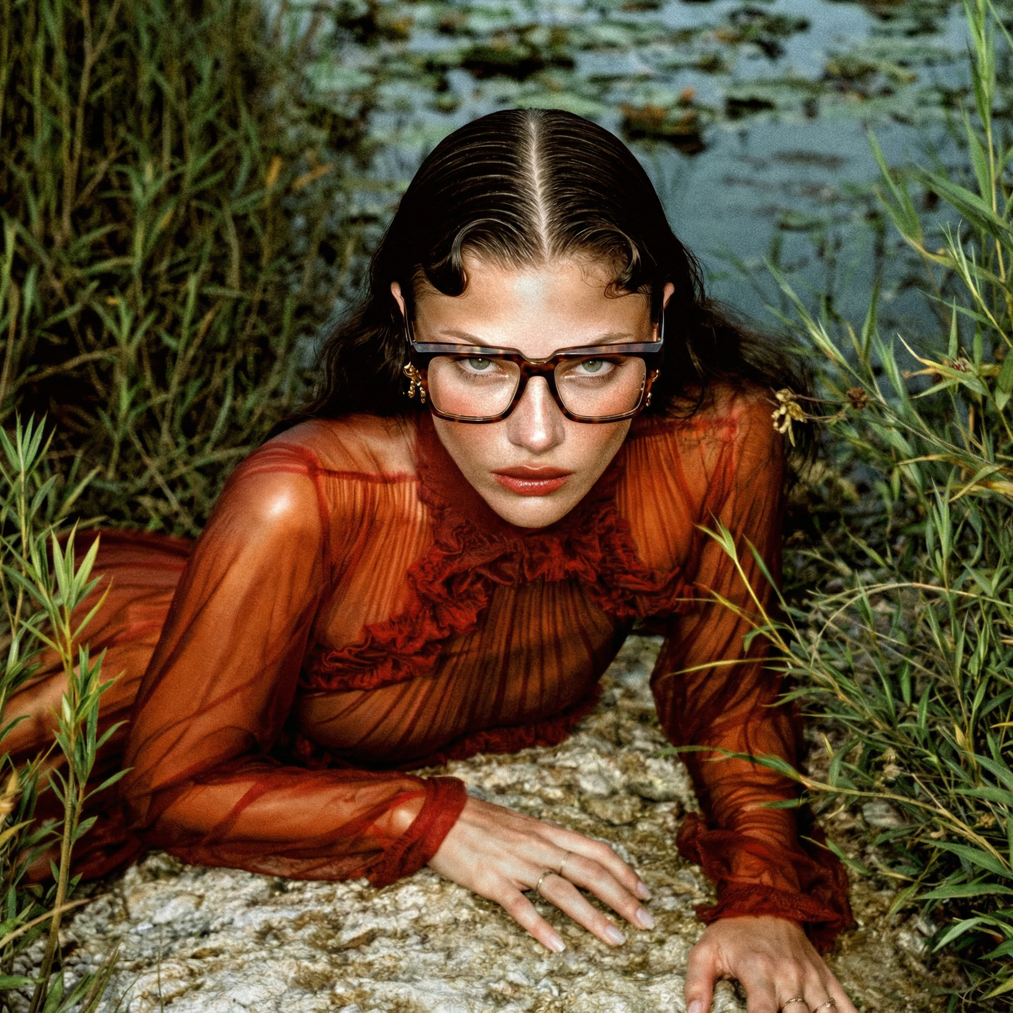 A woman with dark, wet hair and glasses lying on the ground surrounded by tall green grass, holding her head and looking directly at the camera.