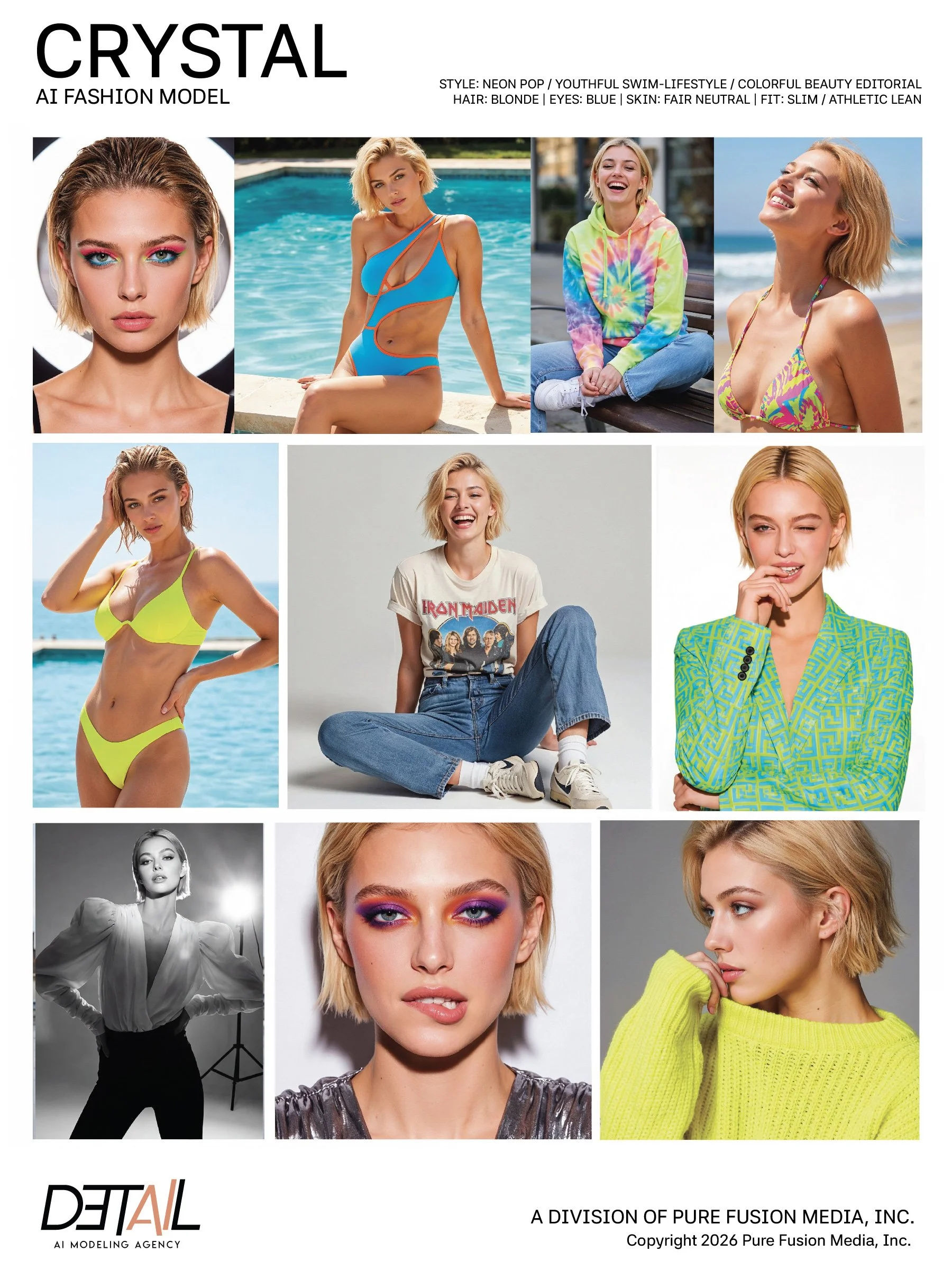 Collage featuring a female fashion model in various outfits, including swimwear, casual, and professional attire, with makeup and hairstyles. The top of the image has the title 'CRYSTAL' and details about style, hair, eyes, skin, and fit. The bottom includes logos and copyright information for Pure Fusion Media, Inc.