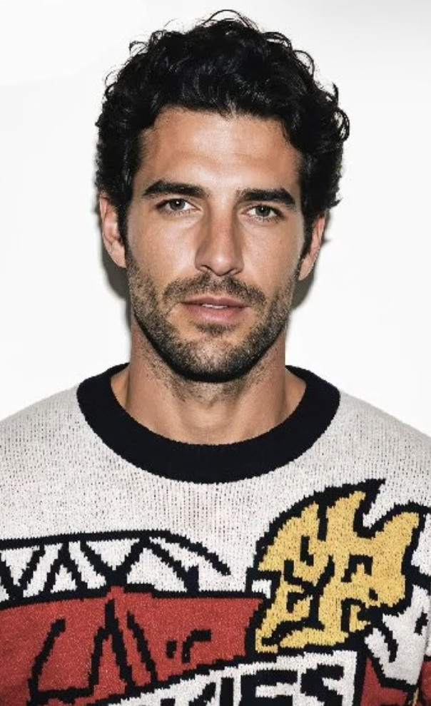 Close-up of a man with dark curly hair, slight beard, and mustache wearing a white sweater with black collar and multicolor pattern.