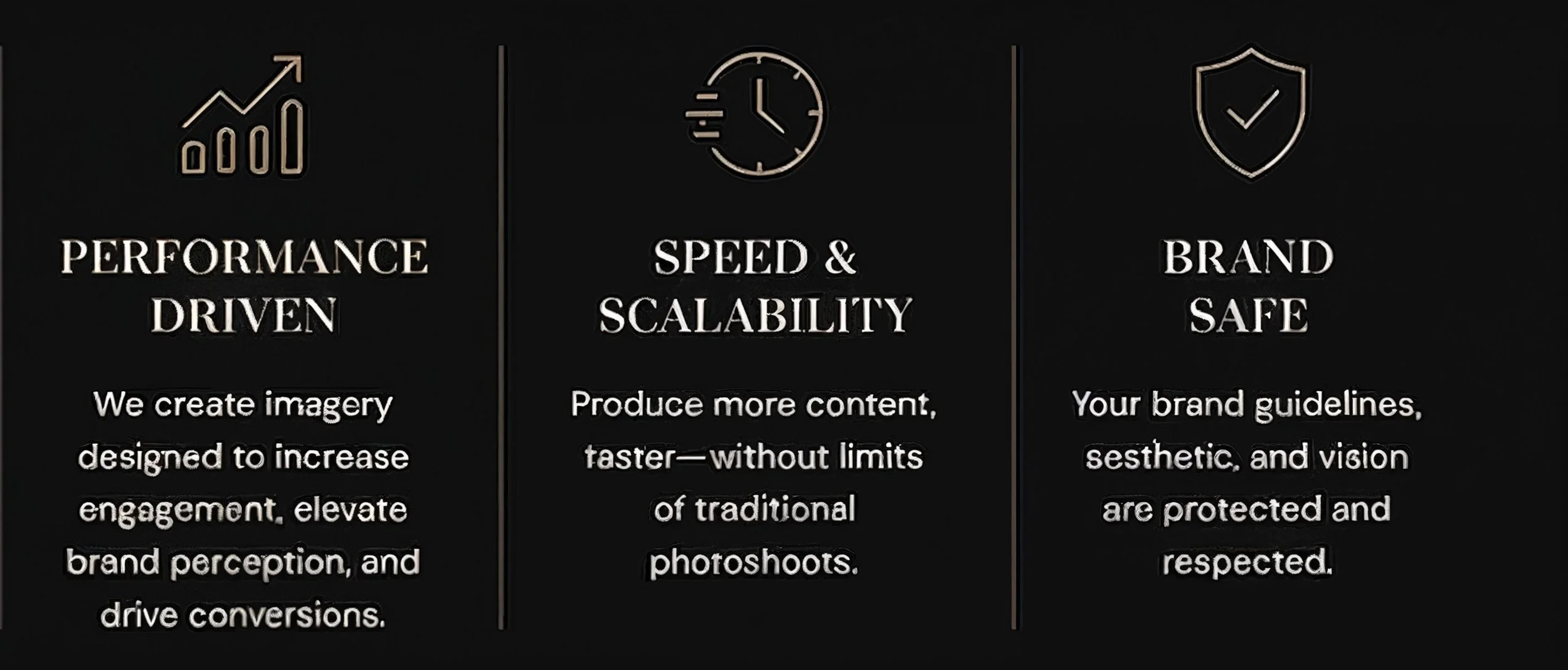A presentation slide with three sections, each with a title and description. The first section titled 'Performance Driven' with a graph icon. The second section titled 'Speed & Scalability' with a clock icon. The third section titled 'Brand Safe' with a shield icon.