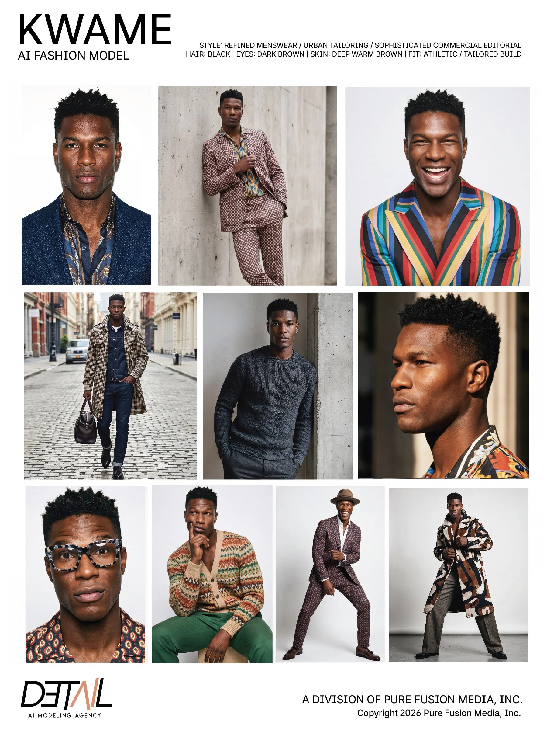 Collage of diverse male models in fashionable clothing, with the name Kwame and AI Fashion Model, showcasing various styles and expressions.