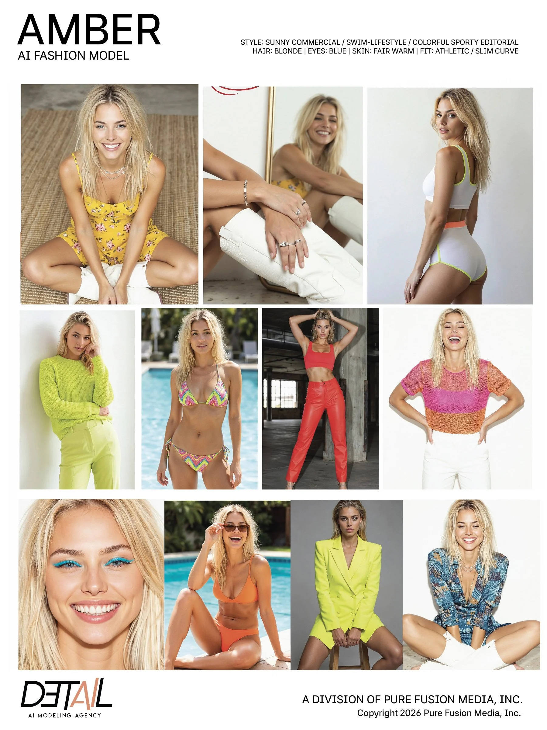 Collage of photos featuring a blonde Asian-American woman model with blue eyes, dressed in colorful fashion and swimwear, posing in various settings with smiling expressions.