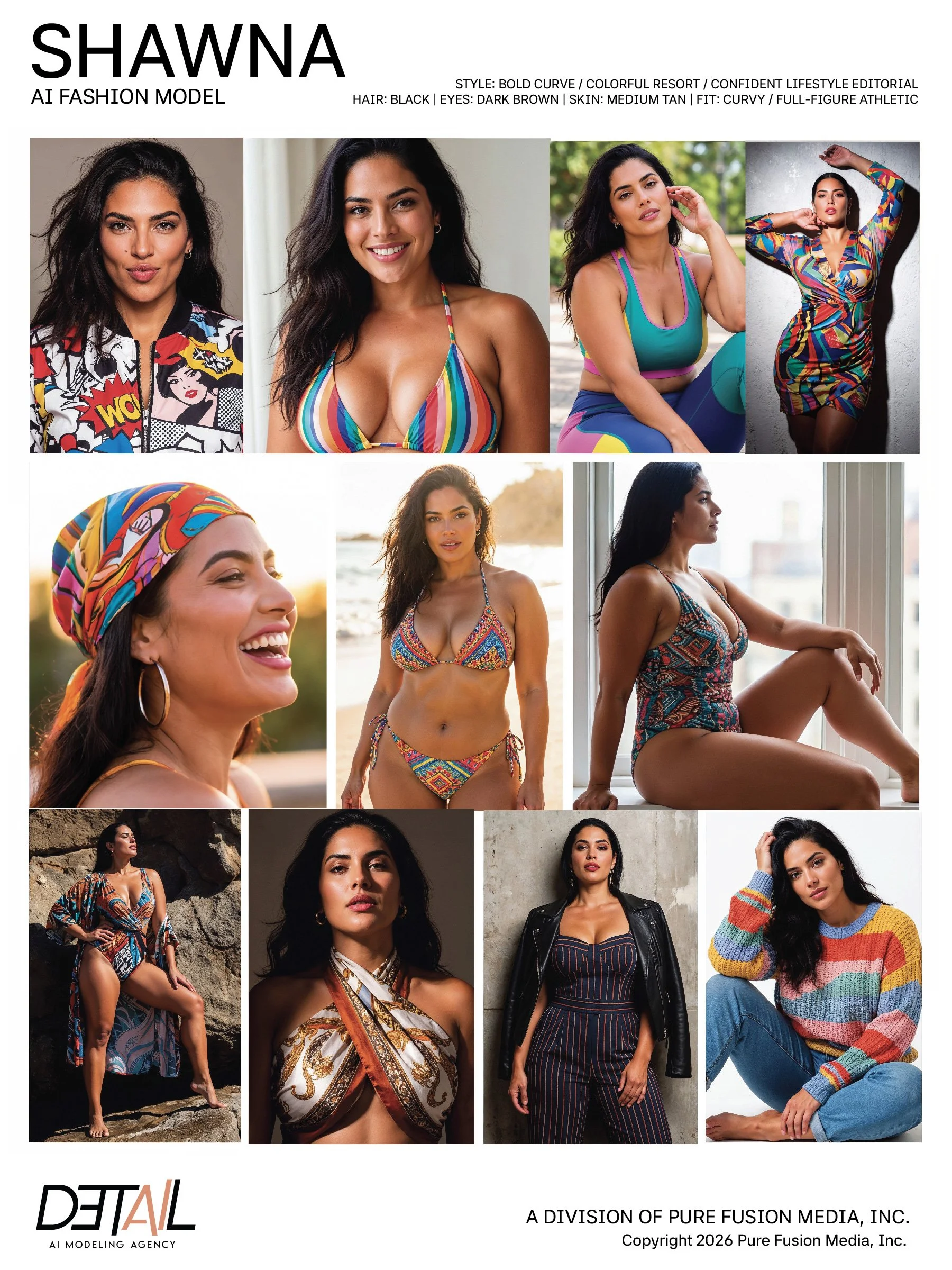 Portfolio of a diverse female model named Shawna featuring various outfits and poses, including casual, swimwear, and fashion clothing, with descriptions of her appearance and styling.
