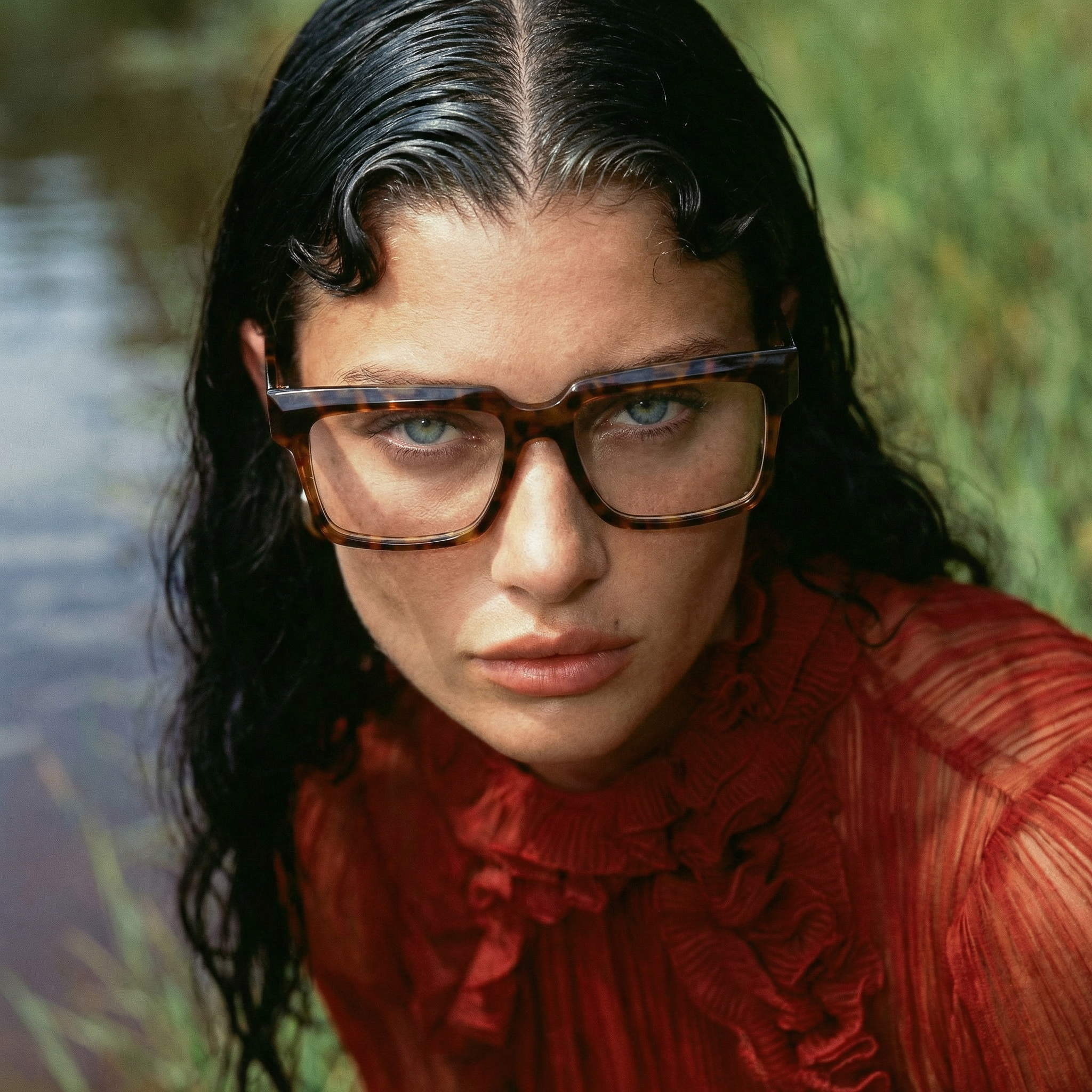 Close-up of a woman with black, wet hair and light skin, wearing large tortoiseshell glasses and a red sweater, outdoors with a blurred green background.