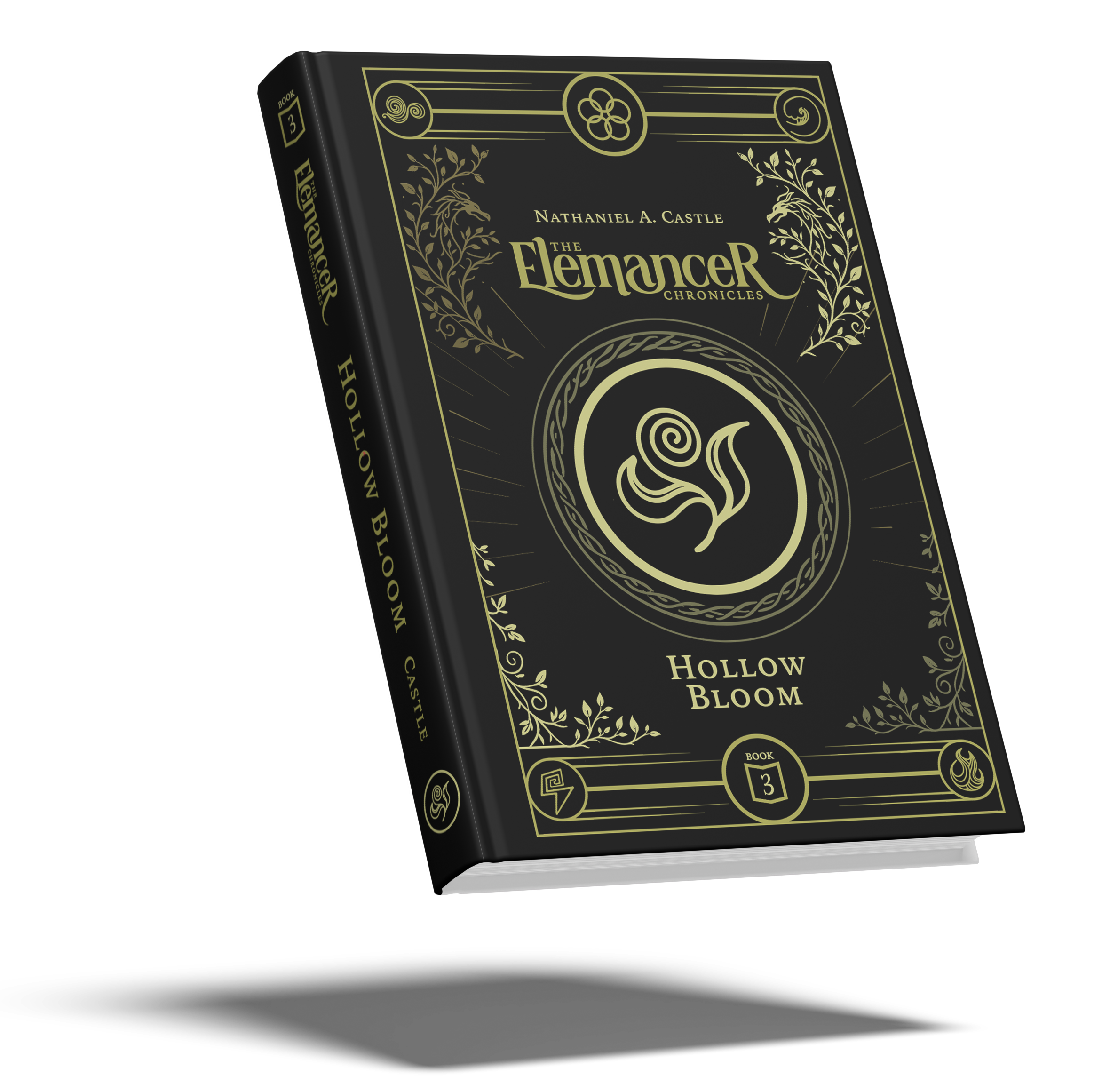 Cover of a book titled 'The Elemekcer Chronicles: Hollow Bloom' by Nathaniel A. Castle, featuring black and gold ornate design and symbols.