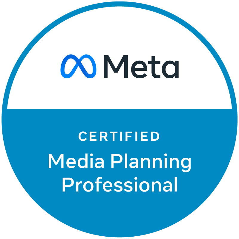 Meta logo with certification badge for media planning professional