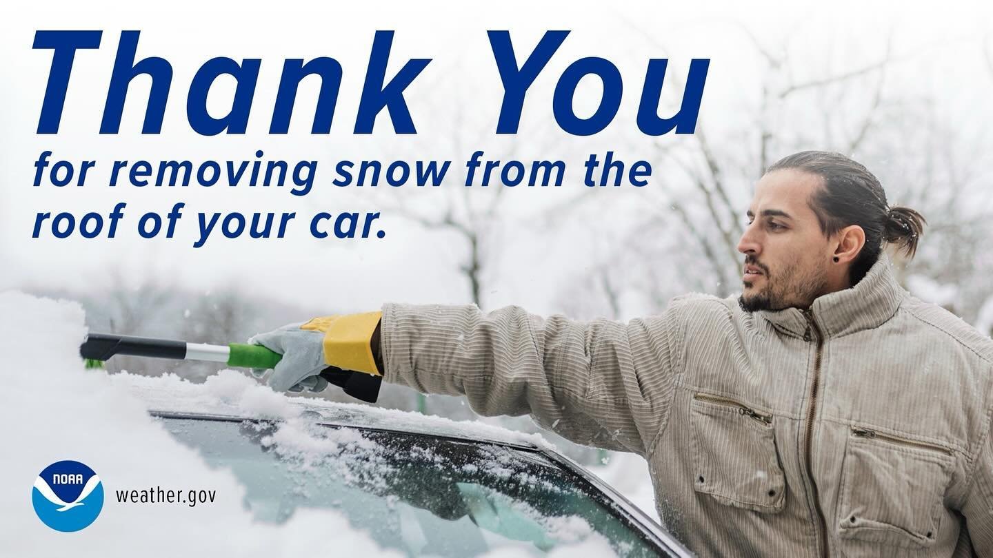 Please thoroughly clean snow off your car &mdash; including the roof.
Snow left on car roofs can fly off your vehicle when in motion, creating potentially dangerous situations for you and those driving behind you.
Learn more winter safety tips at wea