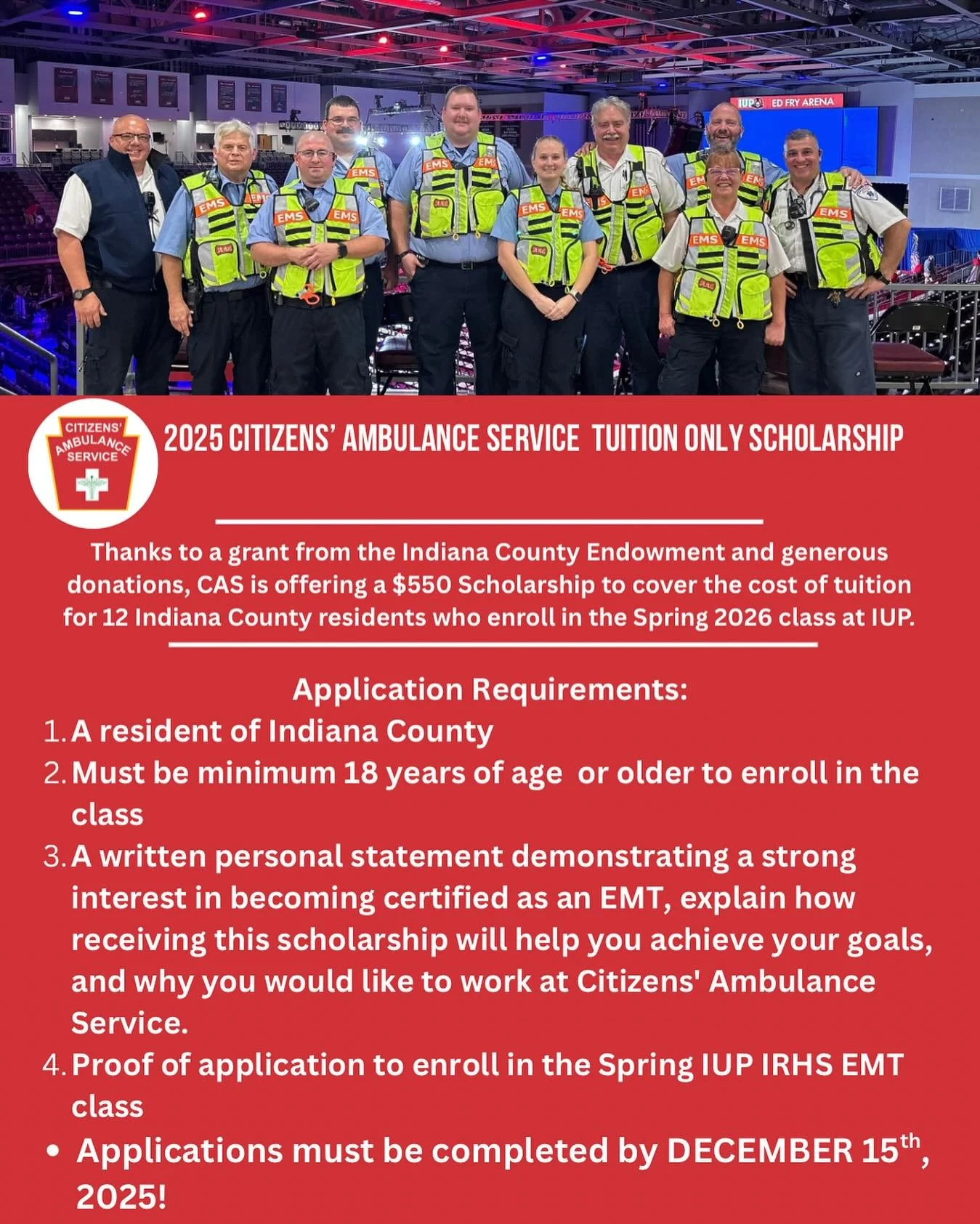 Applications for the Indiana County TUITION ONLY EMT Scholarship are now open! This scholarship is available for Indiana County residents who are taking the Spring 2026 IUP EMT course. You MUST be 18 years or older to enroll in the course. To apply, 