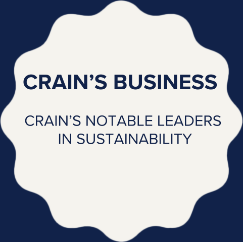 Text on a dark background says: 'Crain's Business, Crain's Notable Leaders in Sustainability'.
