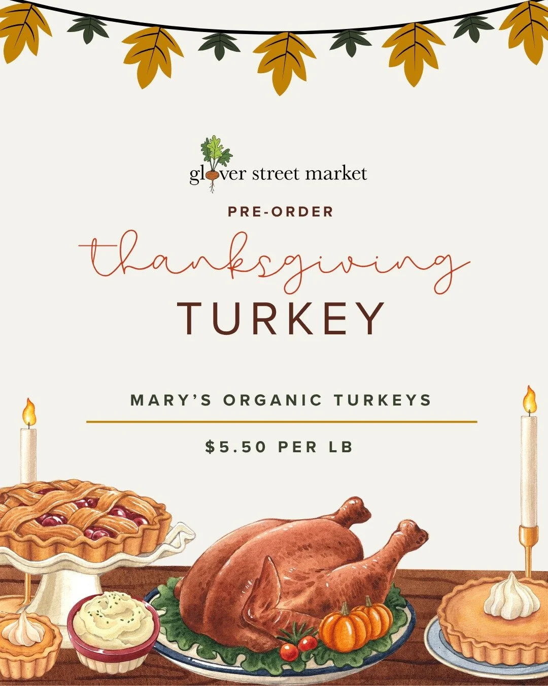 The turkeys have officially arrived at Glover Street Market! 🦃✨ Pre-orders are moving fast &mdash; our 12&ndash;16 lb birds are now SOLD OUT. We currently have 16&ndash;20 lb and 20&ndash;24 lb Mary&rsquo;s Organic Turkeys left, but they won&rsquo;t