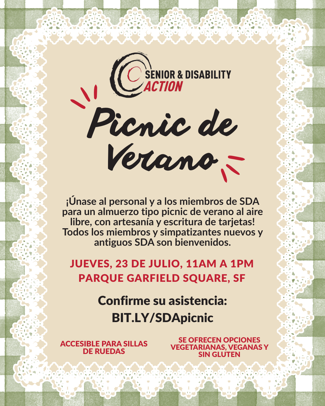 Un volante con un fondo de cuadros verdes y el logo de SDA en la parte superior. El texto lee: Picnic de verano.