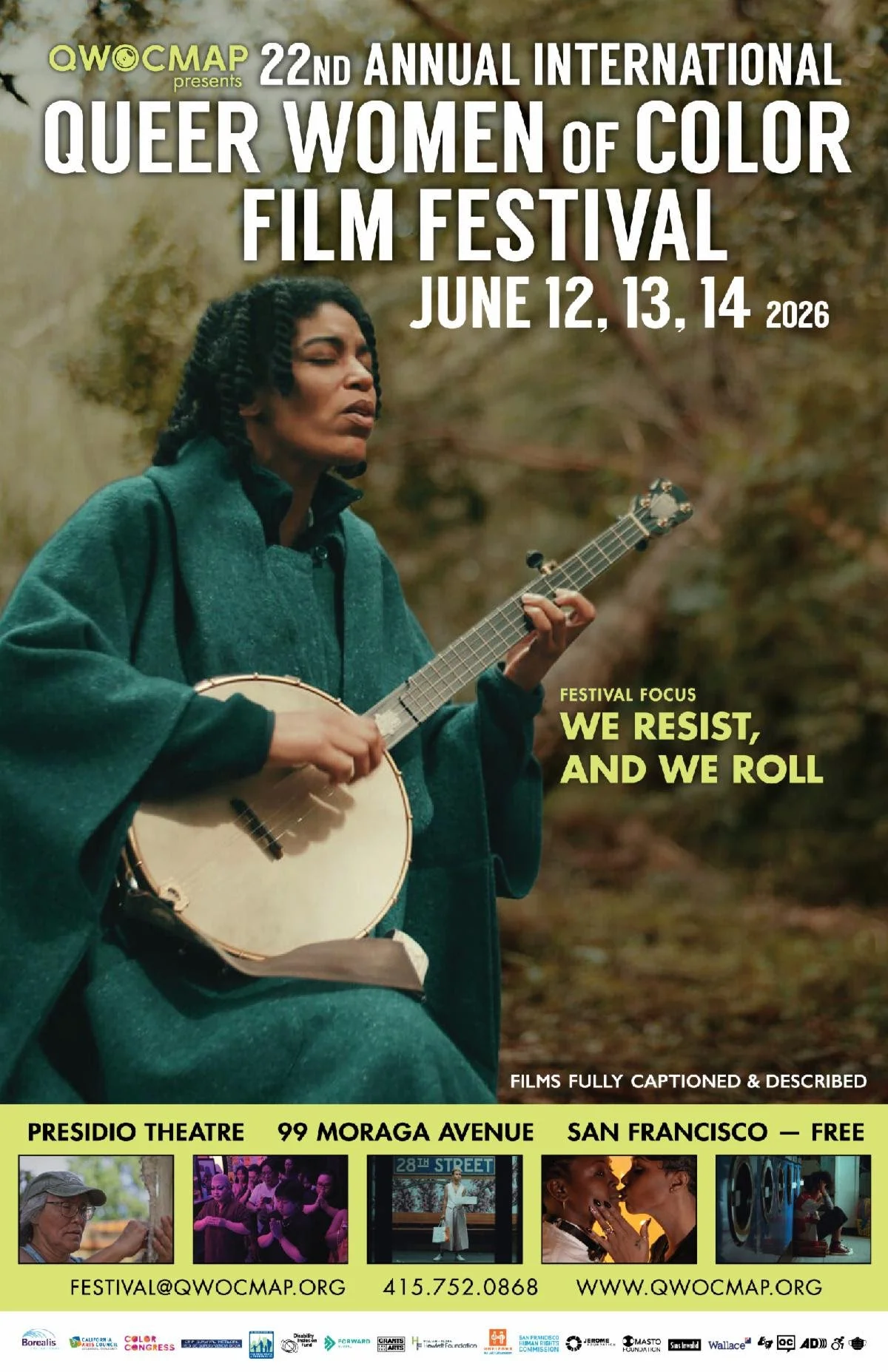 A flyer for the QWOCMAP 22nd annual International Queer Women of Color Film Festival, June 12, 13, 14 2026