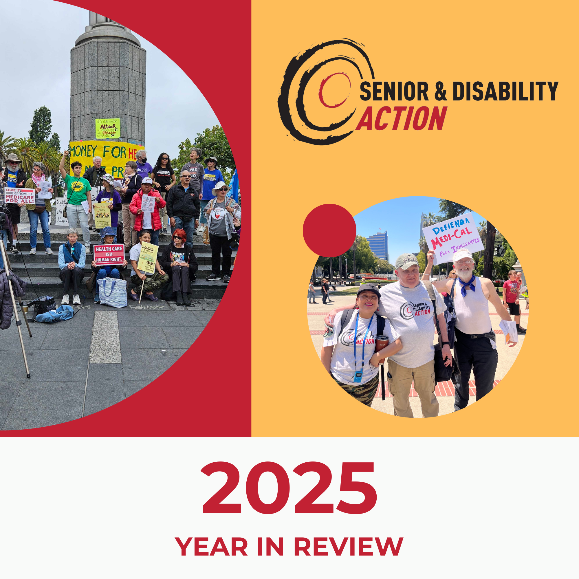 A graphic with SDA's logo and two photos of seniors and disabled people holding signs at demonstrations. Text on the bottom reads: 2025 Year in Review