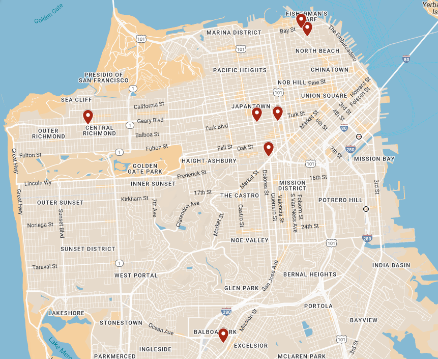 Map of San Francisco with 7 markers placed, in the Richmond, North Beach, Balboa Park, and near the Tenderloin and Japantown areas