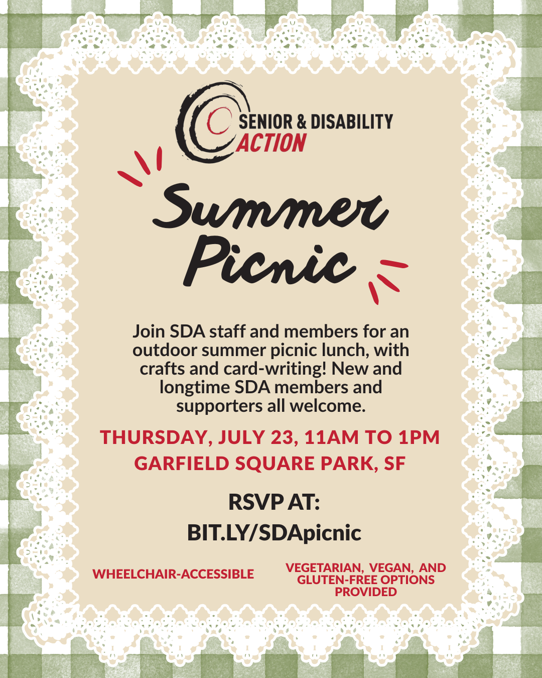 A flyer for the SDA summer picnic on Thursday, July 23, 11am to 1pm at Garfield Square Park, SF