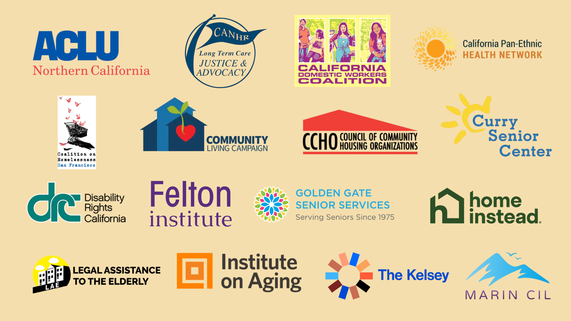 Logos for our Mobilizer sponsors, including ACLU Northern California, CANHR, California Domestic Workers Coalition, and more.