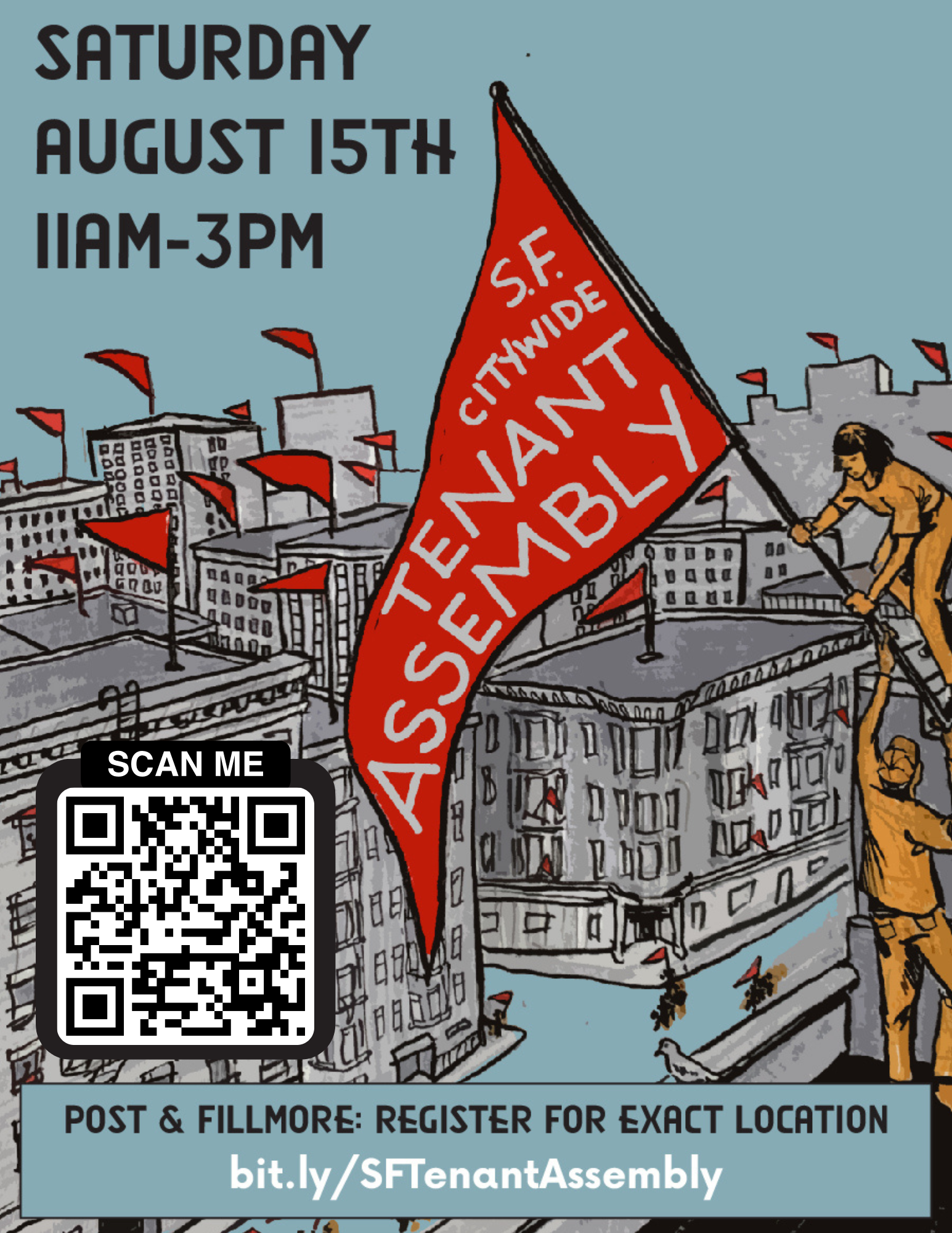 Flyer for the SF Citywide Tenant Assembly on August 15. The background is a drawing of apartment buildings with red flags on them.