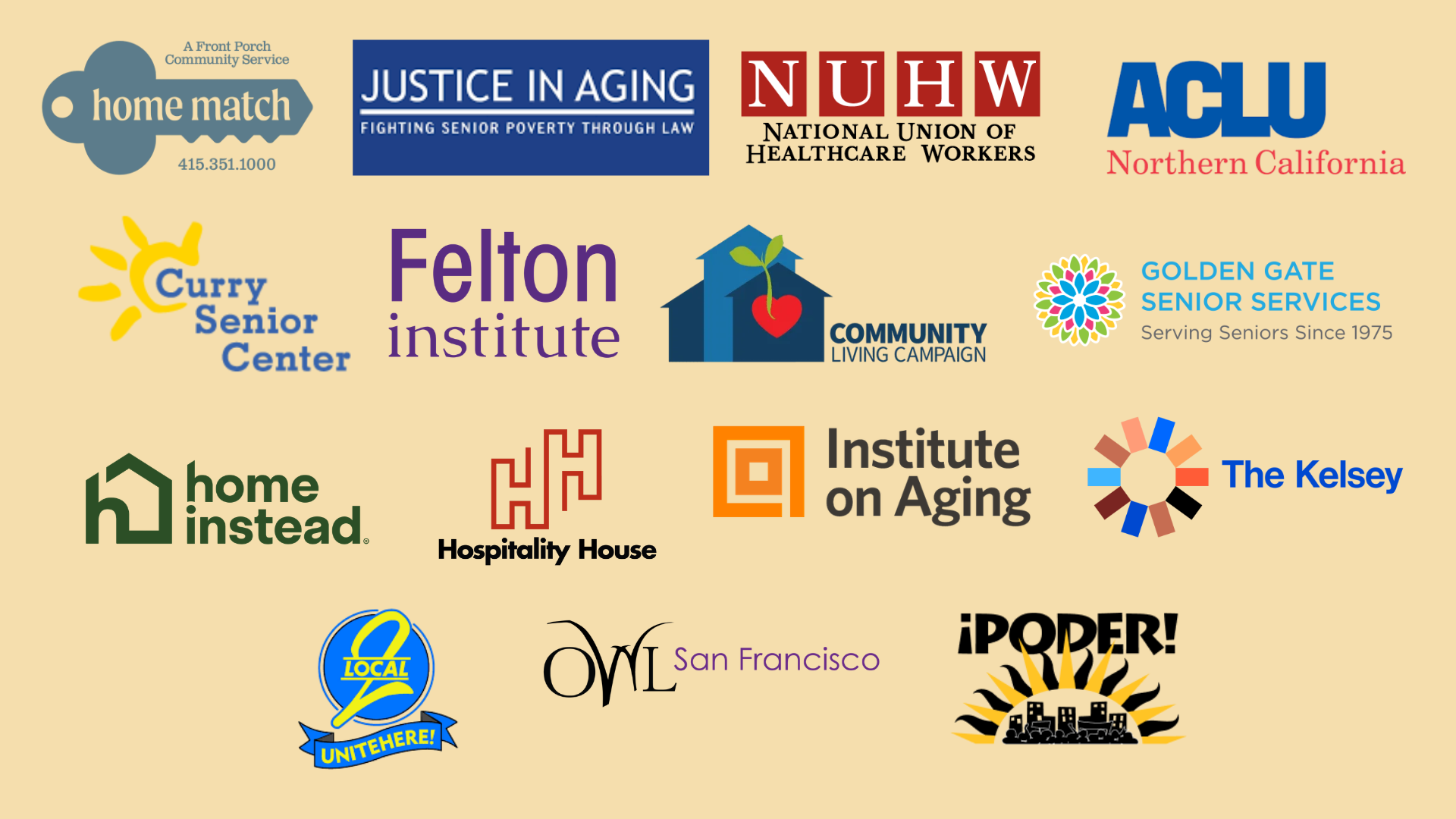 Logos including HomeMatch, Justice in Aging, National Union of Healthcare Workers, and more.