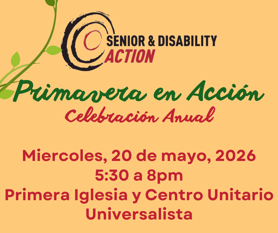 Logotipo de SDA. El texto a continuación dice: Primavera en Acción: Celebración Anual. Miércoles 20 de mayo de 2026, 5:30 a 8pm. Primera Iglesia Unitaria Universalista y Centro de San Francisco.