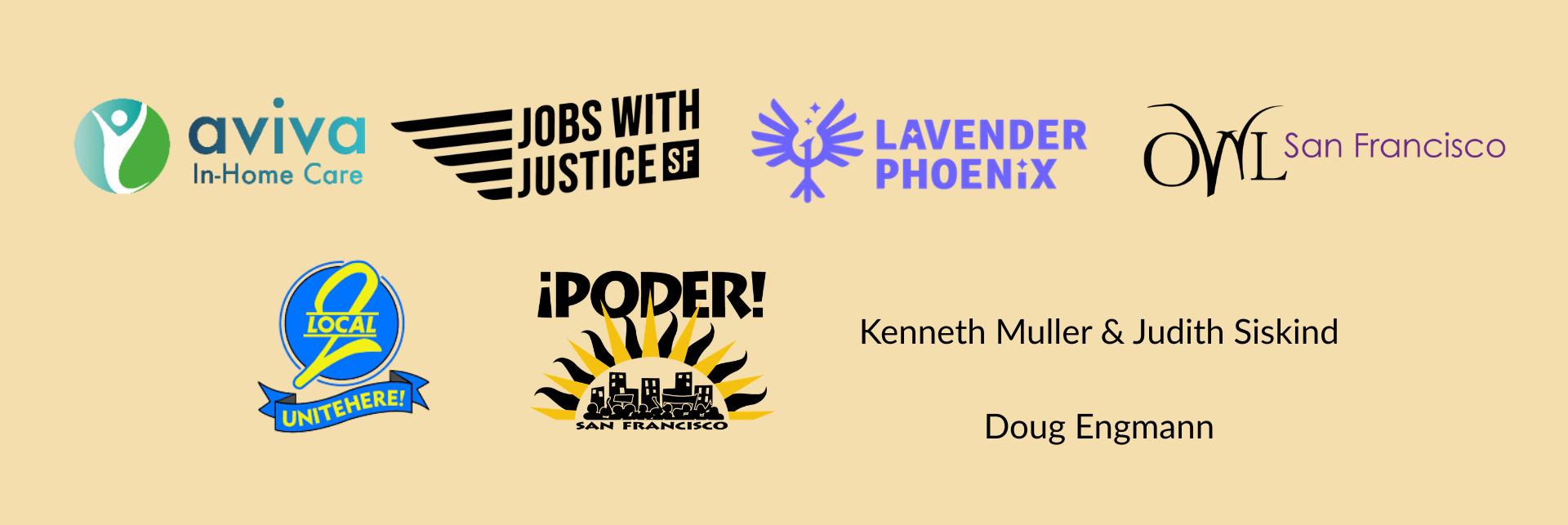 Logos of our Community Sponsors, including Aviva In-Home Care, Jobs with Justice SF, and more