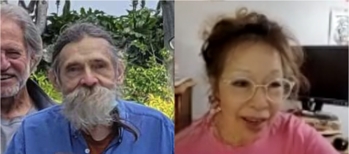 Two photos: A man with grey hair and a long beard, wearing a blue shirt, shown from the shoulders up. On the right side: A woman with glasses and brown hair and a pink shirt, smiling, shown from the shoulders up.