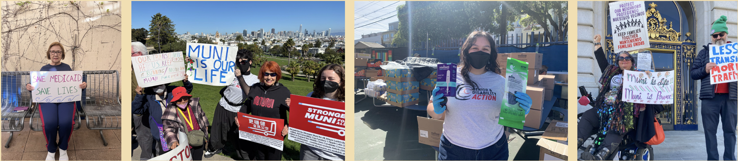 A banner with four photos of SDA staff and members with signs supporting Medicaid and Muni