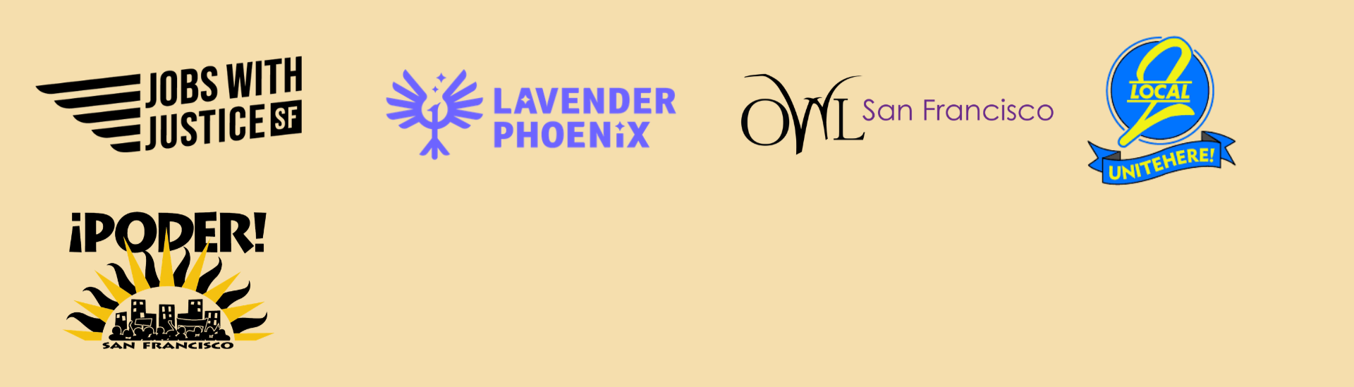Logos for our community sponsors, including Jobs with Justice SF, Lavender Phoenix, and more