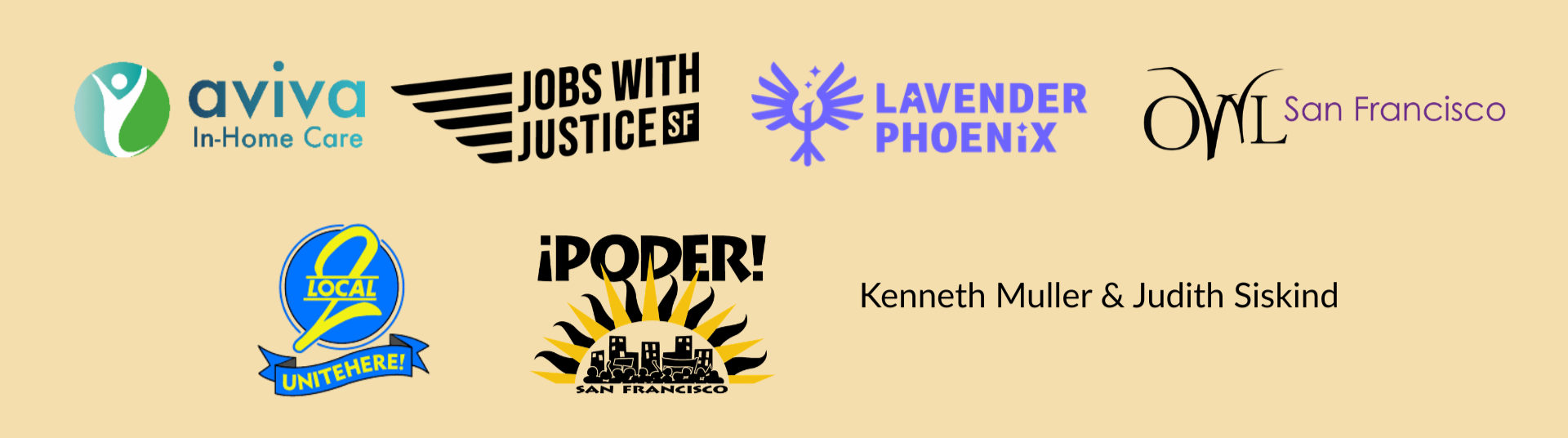 Logos for our Community Sponsors, including Aviva In Home Care, Jobs with Justice SF, and more