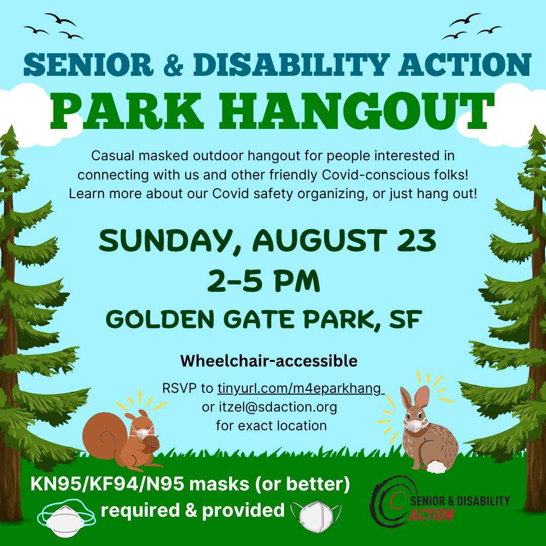 A flyer for SDA's August masked park hangout with images of trees and a masked rabbit and squirrel