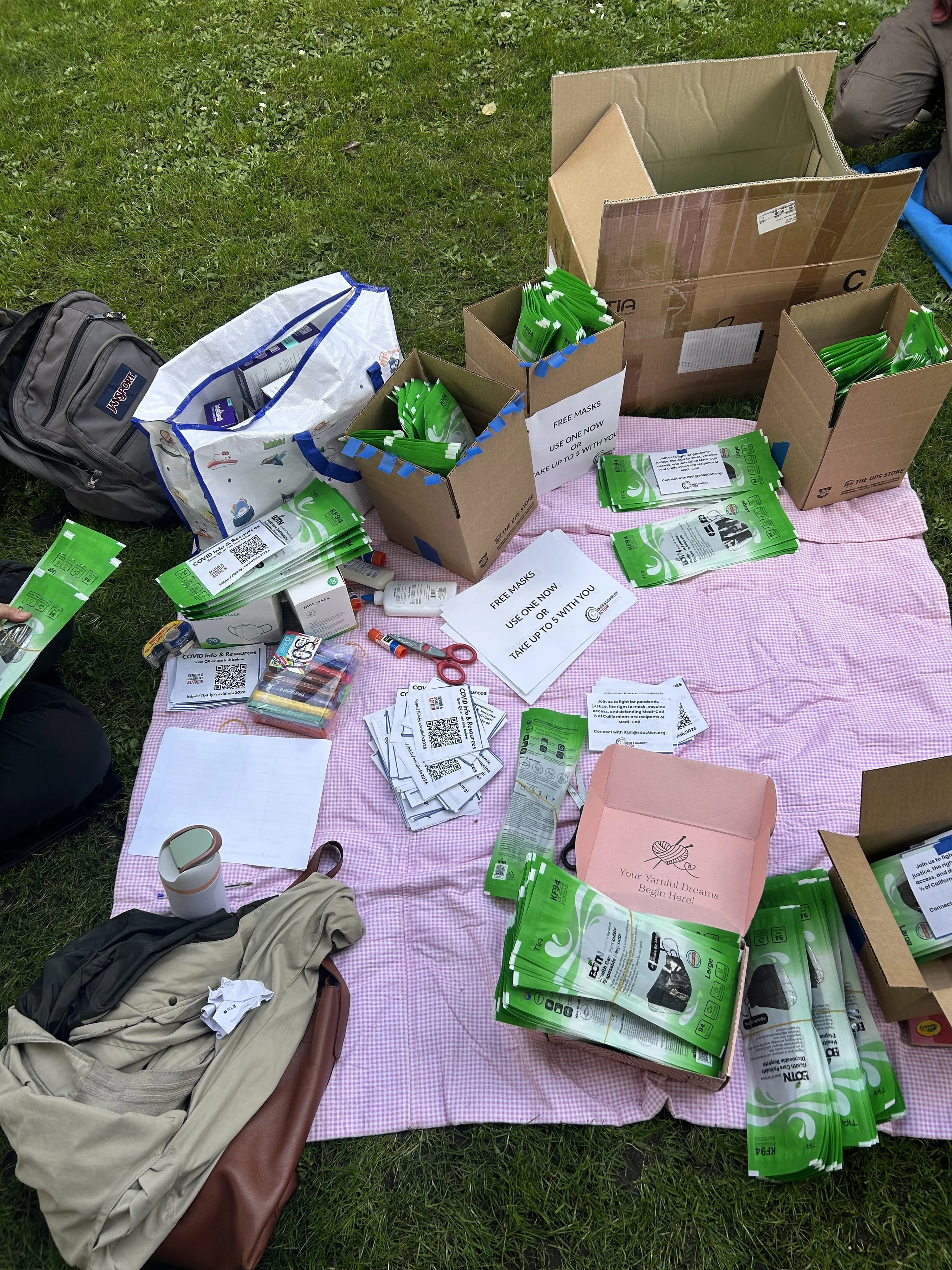A spread on a picnic blanket of masks, boxes, and scissors