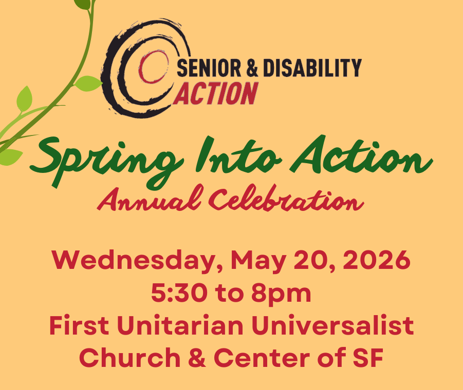 SDA's logo. Text below reads: Spring Into Action Annual Celebration. Wednesday, May 20, 2026. 5:30 to 8pm. First Unitarian Universalist Church & Center of SF