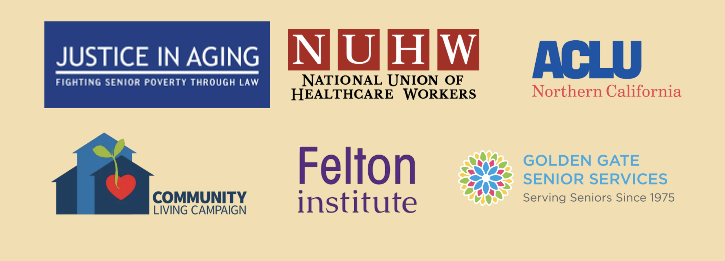 Logos for Justice in Aging, National Union of Healthcare Workers, and more