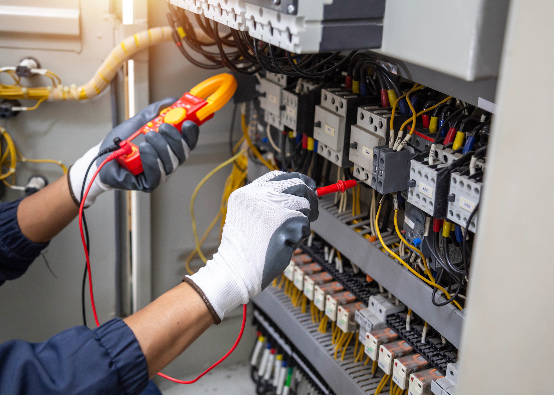 Electrician performing commercial electrical diagnostics